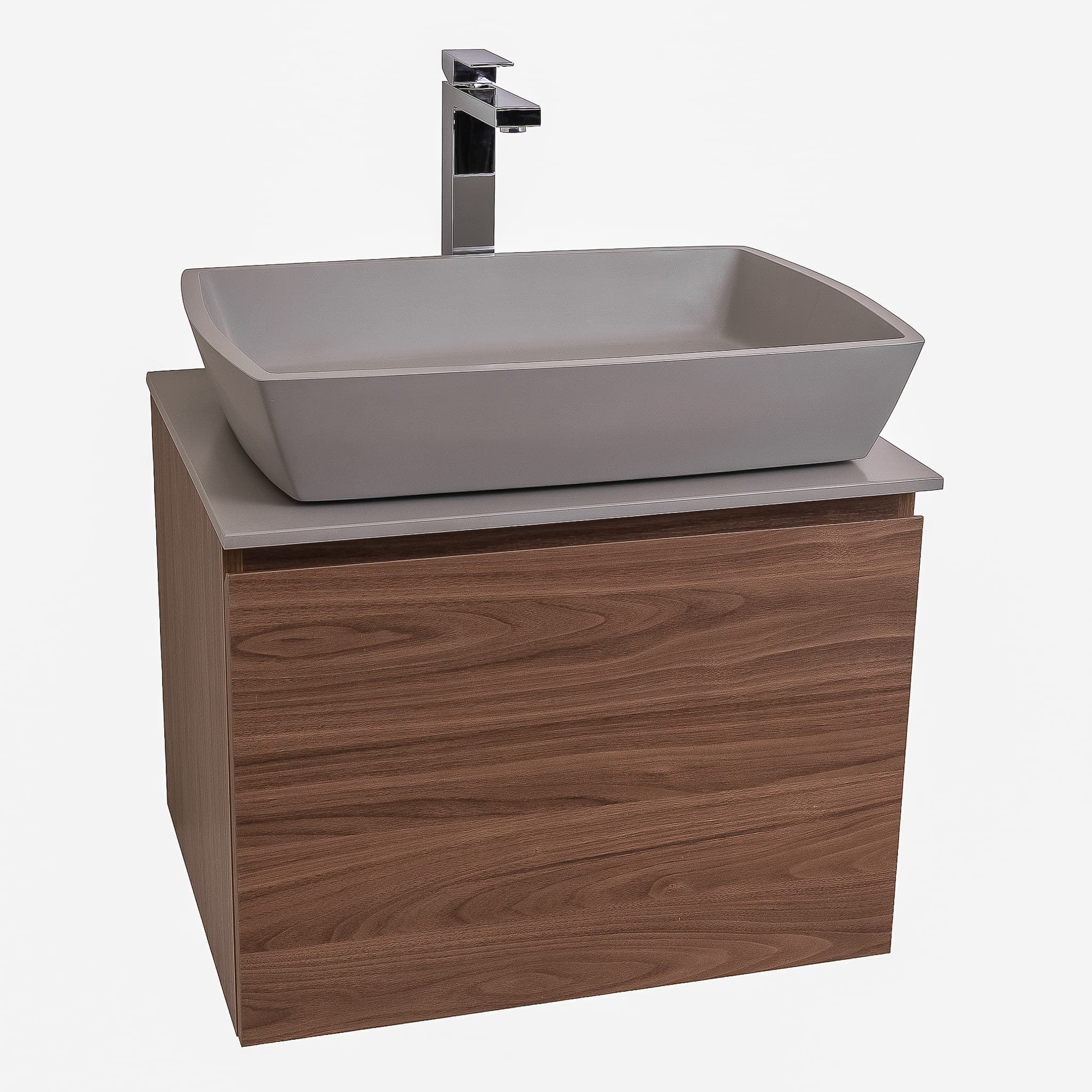 Venice 23.5 Walnut Wood Texture Cabinet, Solid Surface Flat Grey Counter And Square Solid Surface Grey Basin 1316, Wall Mounted Modern Vanity Set