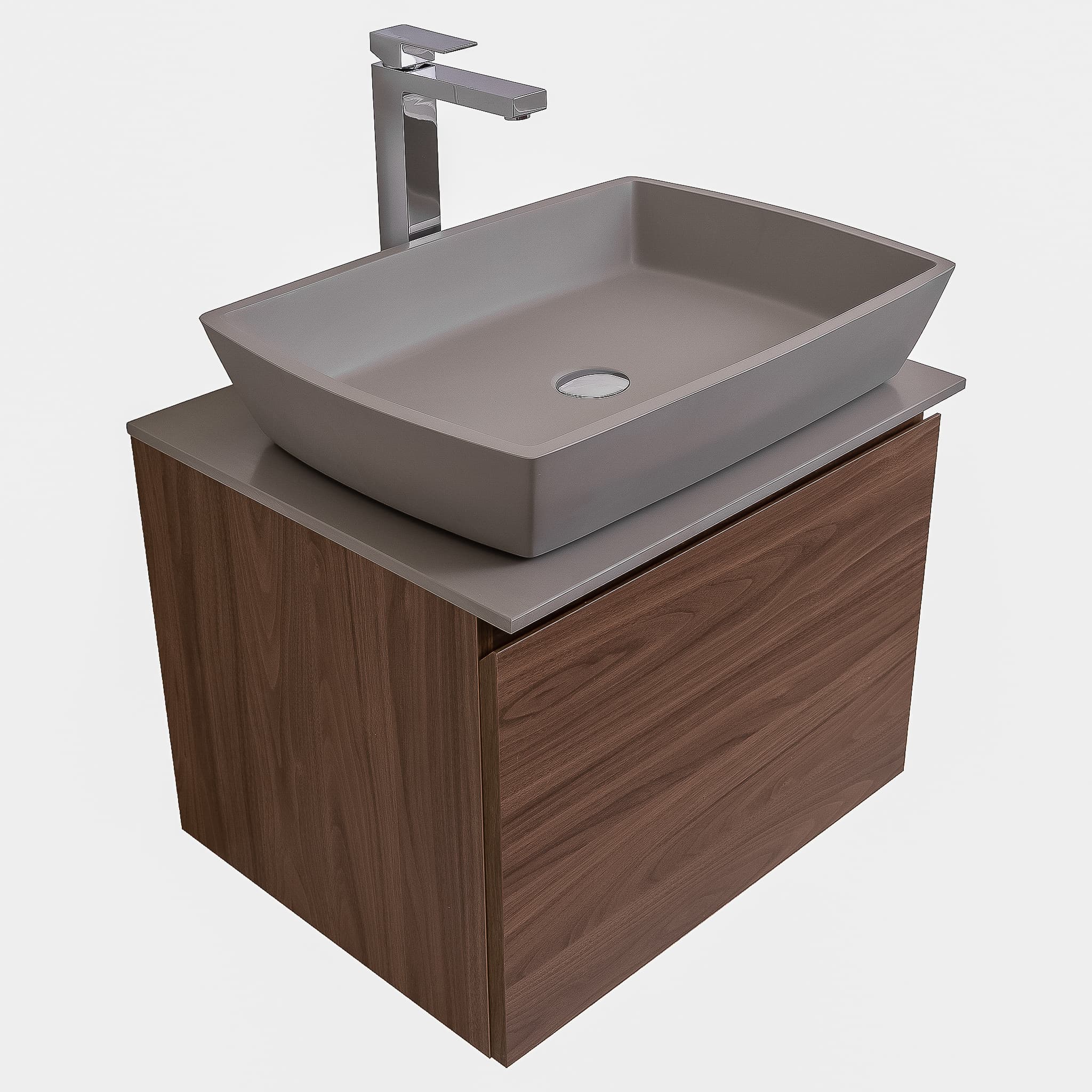 Venice 23.5 Walnut Wood Texture Cabinet, Solid Surface Flat Grey Counter And Square Solid Surface Grey Basin 1316, Wall Mounted Modern Vanity Set