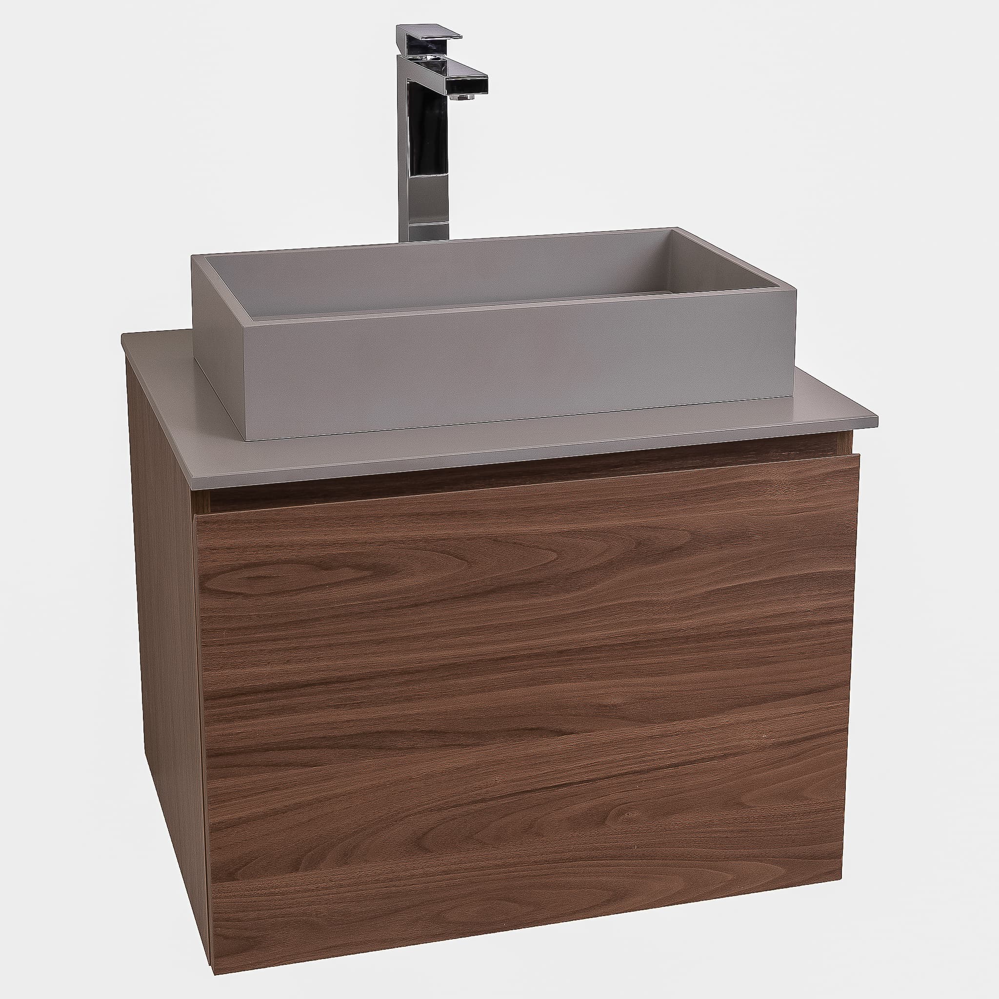 Venice 23.5 Walnut Wood Texture Cabinet, Solid Surface Flat Grey Counter And Infinity Square Solid Surface Grey Basin 1329, Wall Mounted Modern Vanity Set