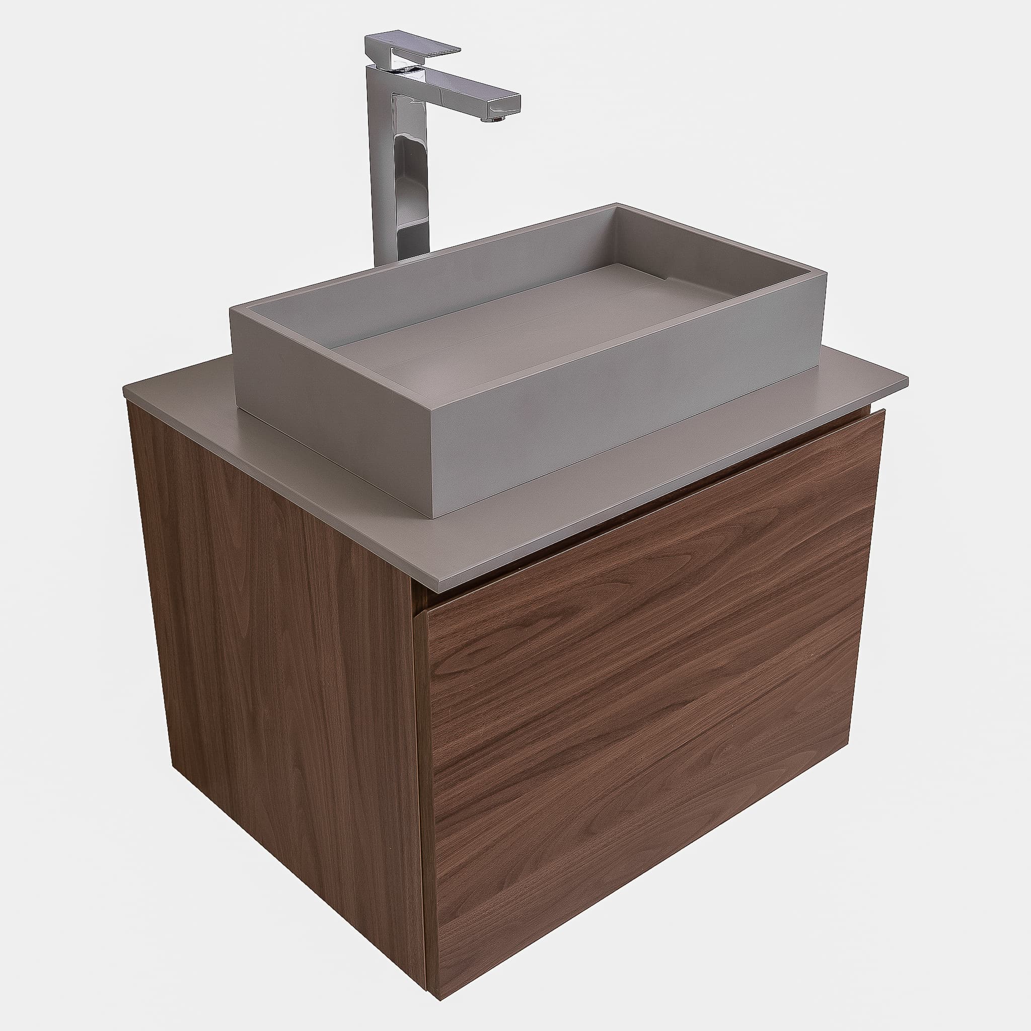 Venice 23.5 Walnut Wood Texture Cabinet, Solid Surface Flat Grey Counter And Infinity Square Solid Surface Grey Basin 1329, Wall Mounted Modern Vanity Set