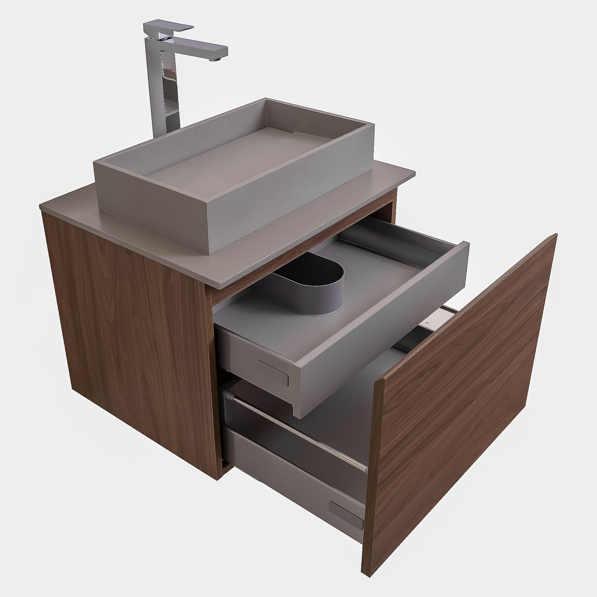 Venice 23.5 Walnut Wood Texture Cabinet, Solid Surface Flat Grey Counter And Infinity Square Solid Surface Grey Basin 1329, Wall Mounted Modern Vanity Set