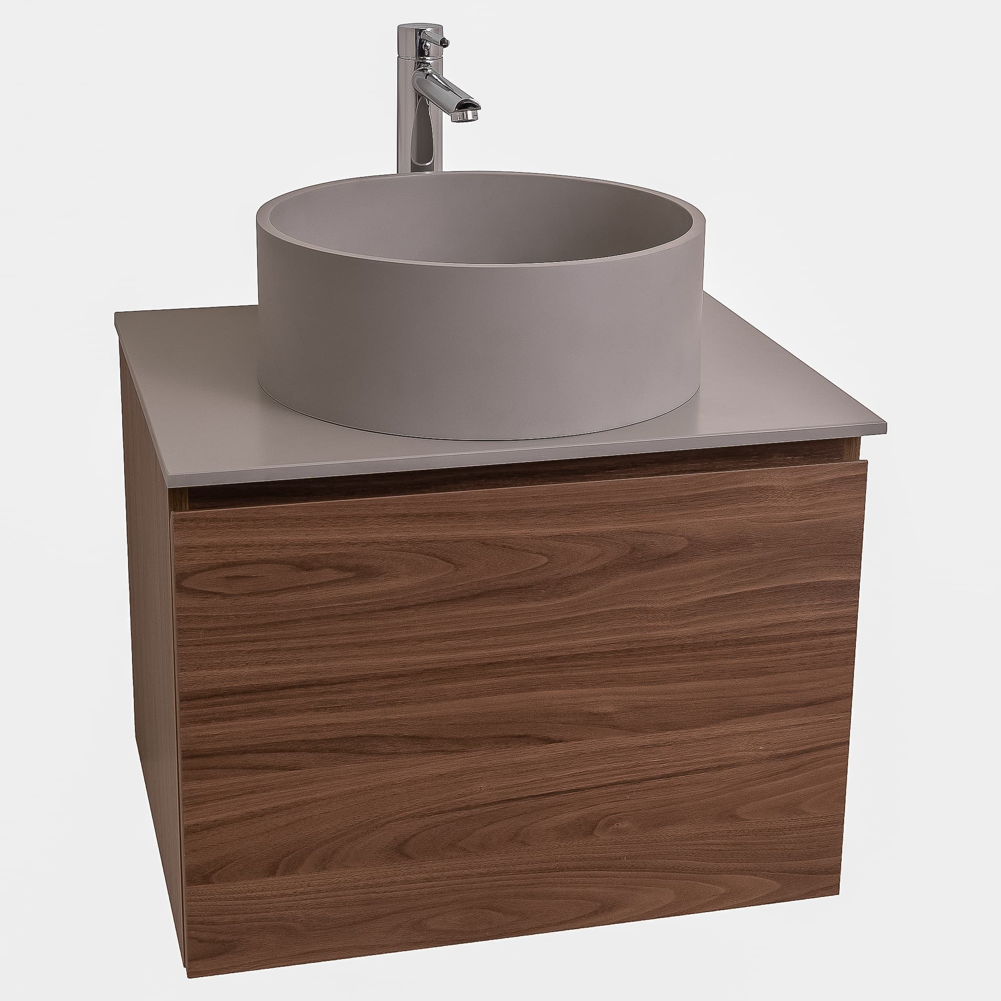 Venice 23.5 Walnut Wood Texture Cabinet, Solid Surface Flat Grey Counter And Round Solid Surface Grey Basin 1386, Wall Mounted Modern Vanity Set