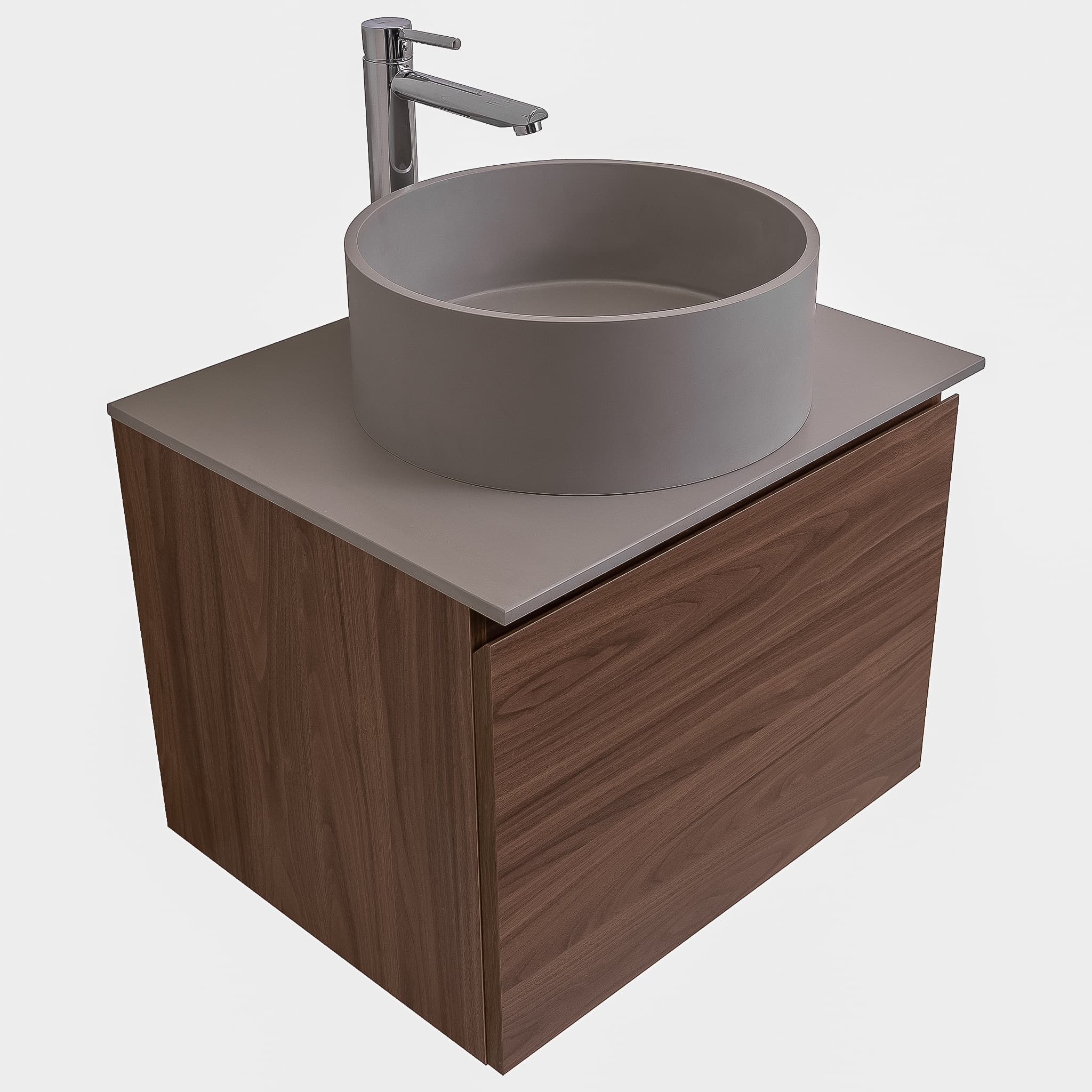 Venice 23.5 Walnut Wood Texture Cabinet, Solid Surface Flat Grey Counter And Round Solid Surface Grey Basin 1386, Wall Mounted Modern Vanity Set