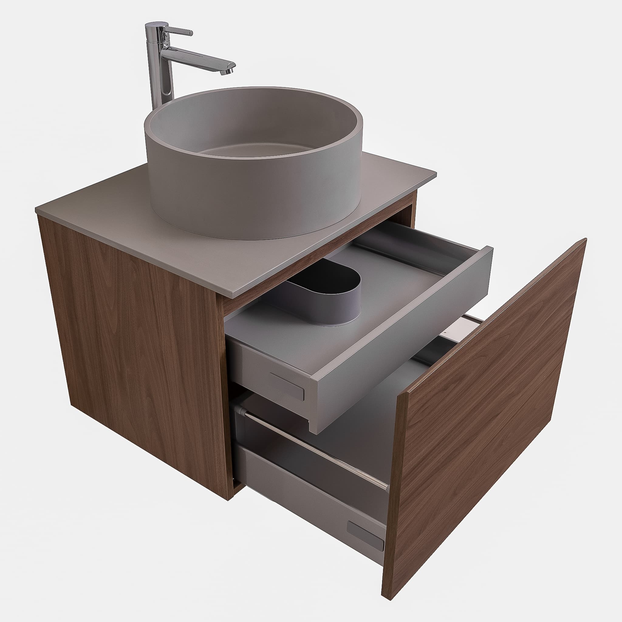 Venice 23.5 Walnut Wood Texture Cabinet, Solid Surface Flat Grey Counter And Round Solid Surface Grey Basin 1386, Wall Mounted Modern Vanity Set