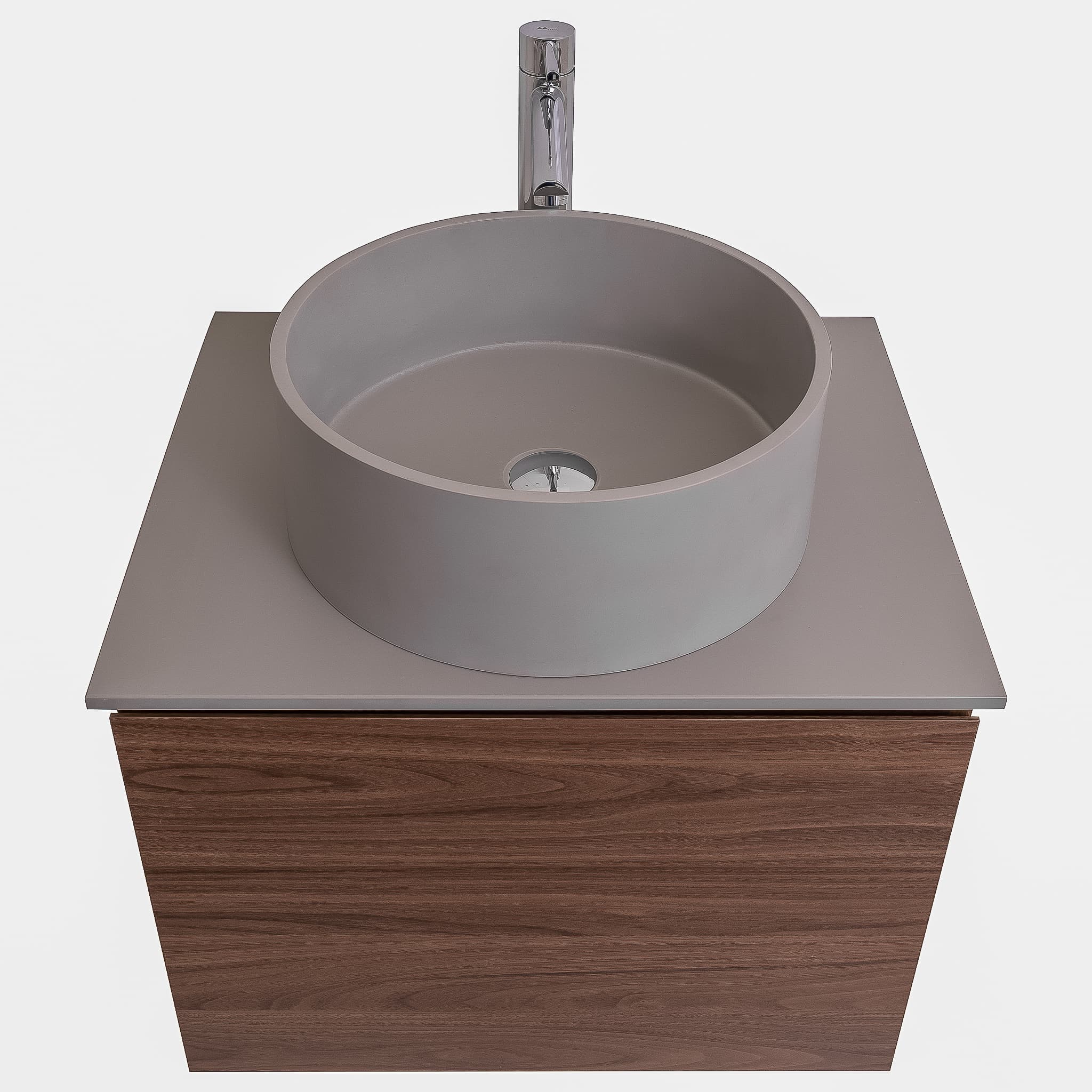Venice 23.5 Walnut Wood Texture Cabinet, Solid Surface Flat Grey Counter And Round Solid Surface Grey Basin 1386, Wall Mounted Modern Vanity Set