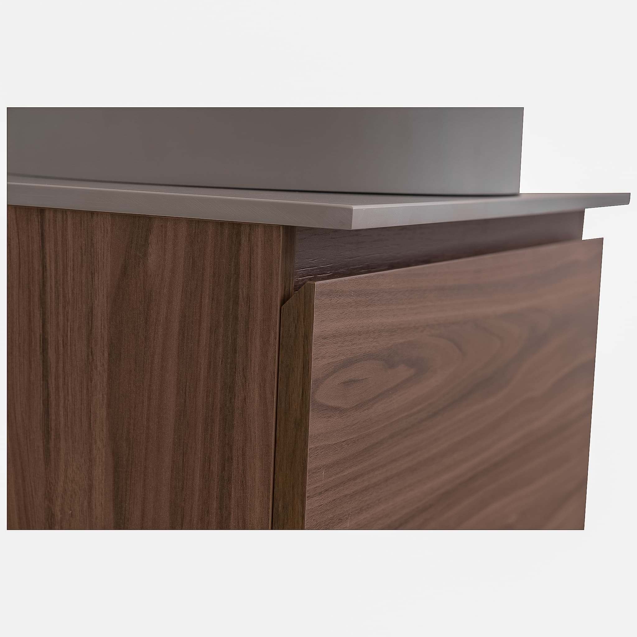 Venice 23.5 Walnut Wood Texture Cabinet, Solid Surface Flat Grey Counter And Round Solid Surface Grey Basin 1386, Wall Mounted Modern Vanity Set