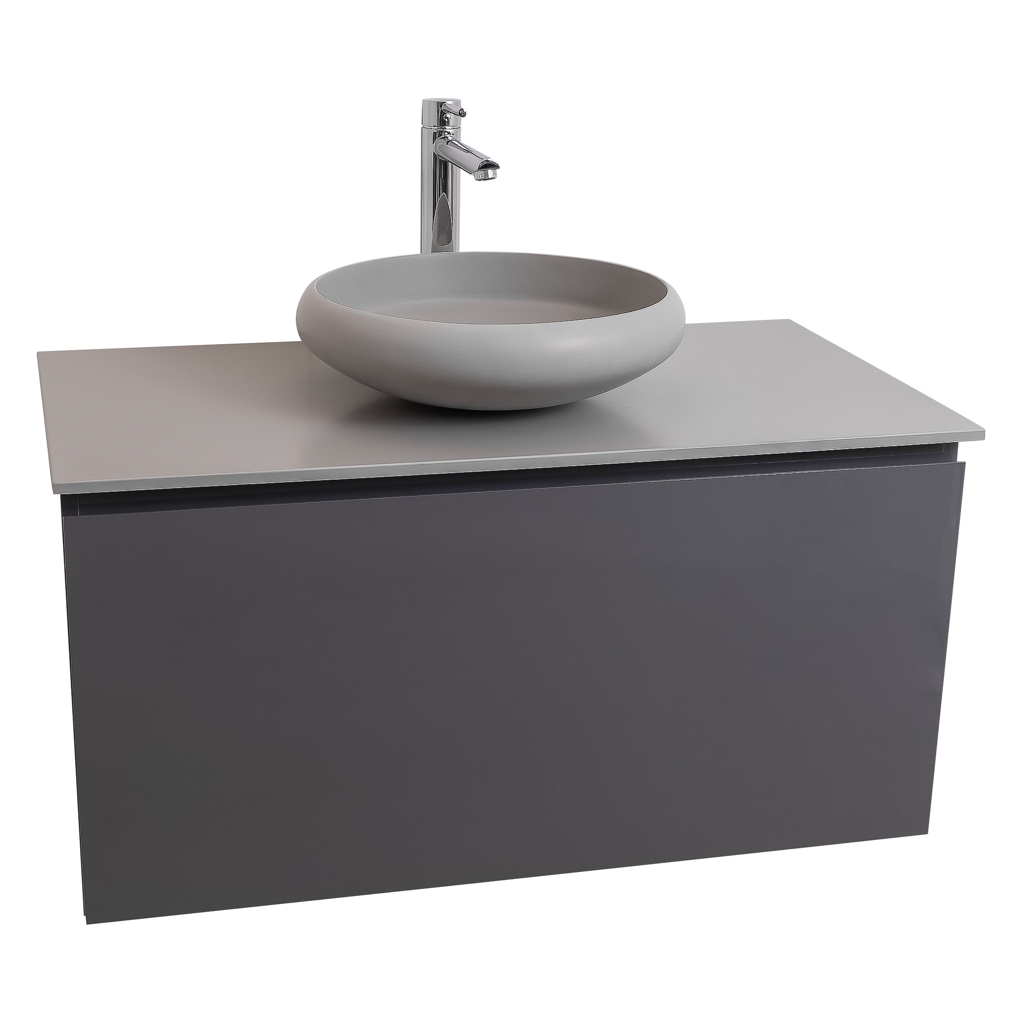 Venice 31.5 Anthracite High Gloss Cabinet, Solid Surface Flat Grey Counter And Round Solid Surface Grey Basin 1153, Wall Mounted Modern Vanity Set
