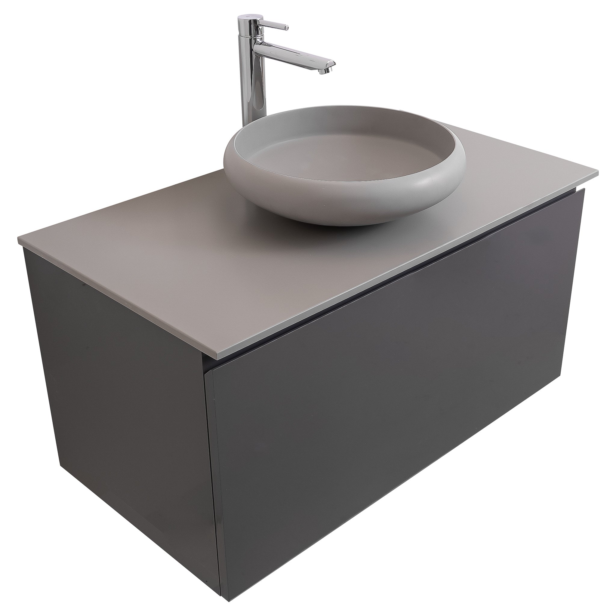 Venice 31.5 Anthracite High Gloss Cabinet, Solid Surface Flat Grey Counter And Round Solid Surface Grey Basin 1153, Wall Mounted Modern Vanity Set