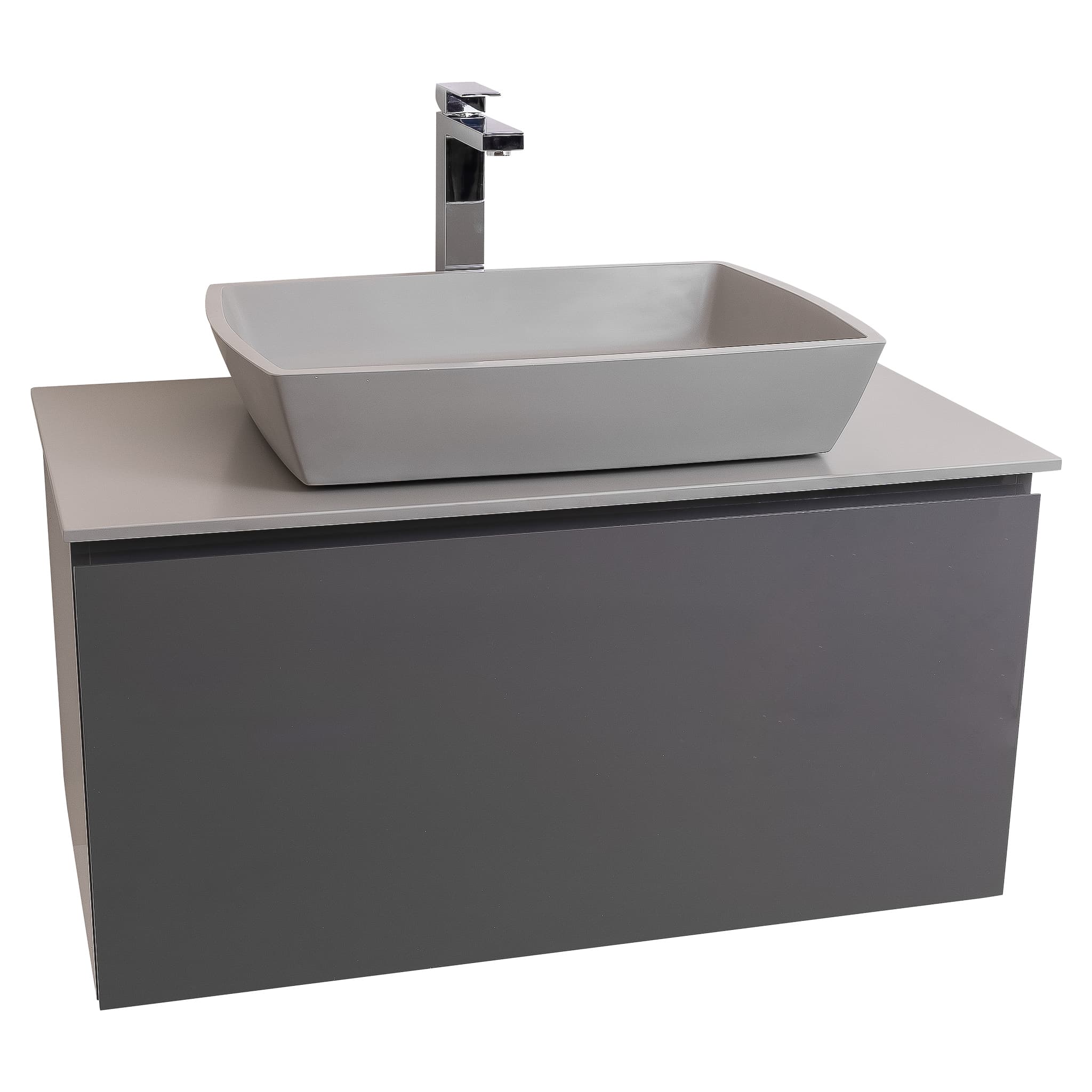 Venice 31.5 Anthracite High Gloss Cabinet, Solid Surface Flat Grey Counter And Square Solid Surface Grey Basin 1316, Wall Mounted Modern Vanity Set