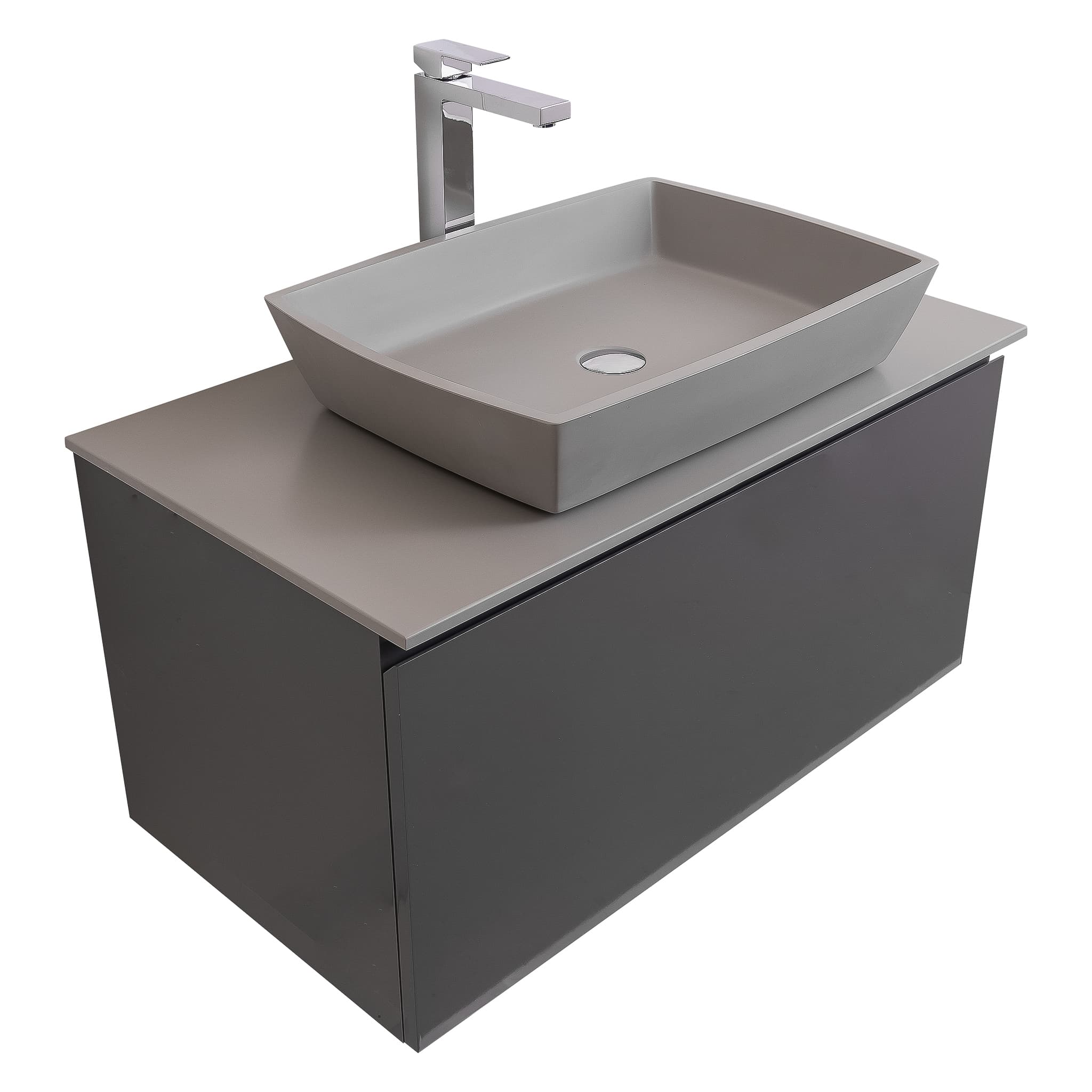 Venice 31.5 Anthracite High Gloss Cabinet, Solid Surface Flat Grey Counter And Square Solid Surface Grey Basin 1316, Wall Mounted Modern Vanity Set