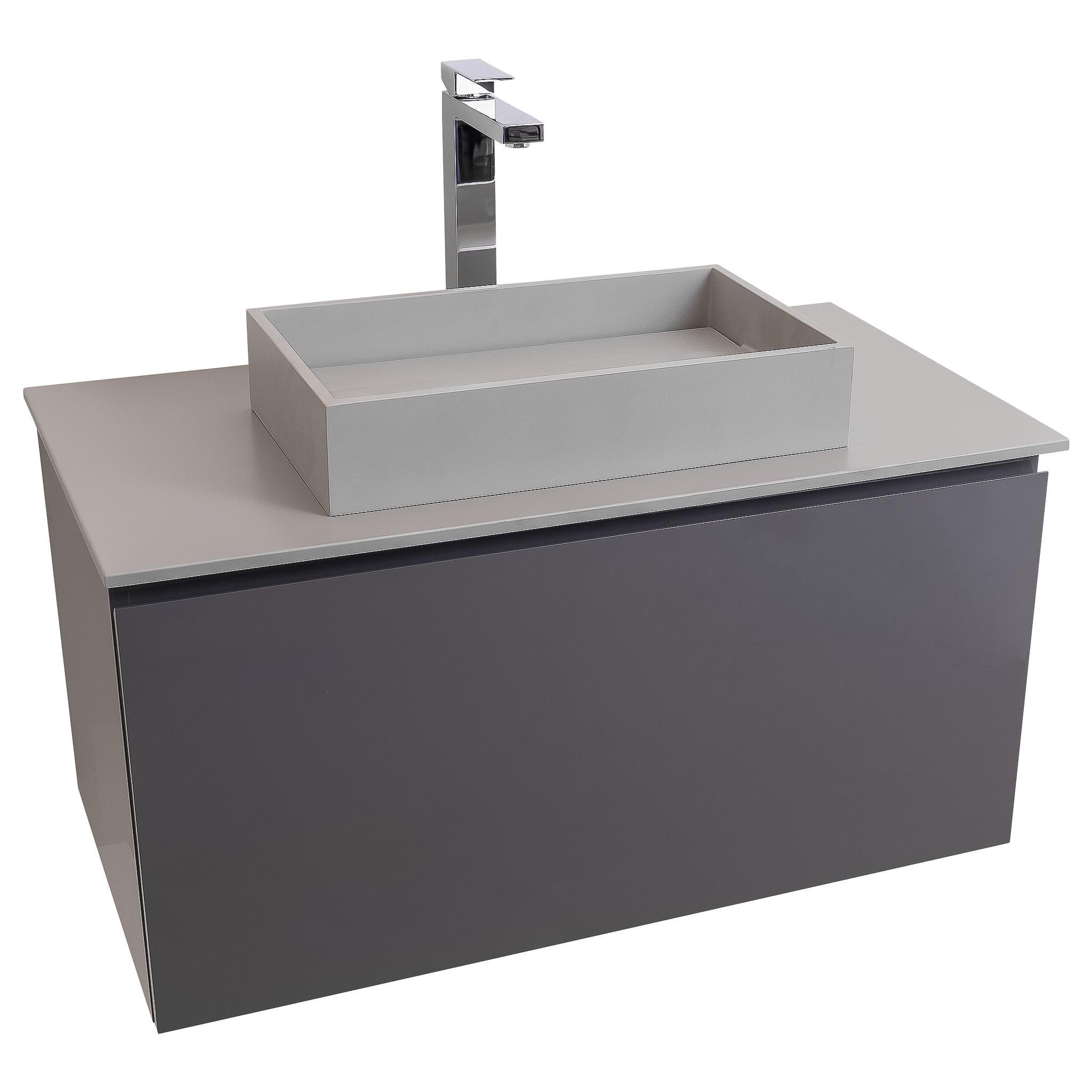 Venice 31.5 Anthracite High Gloss Cabinet, Solid Surface Flat Grey Counter And Infinity Square Solid Surface Grey Basin 1329, Wall Mounted Modern Vanity Set