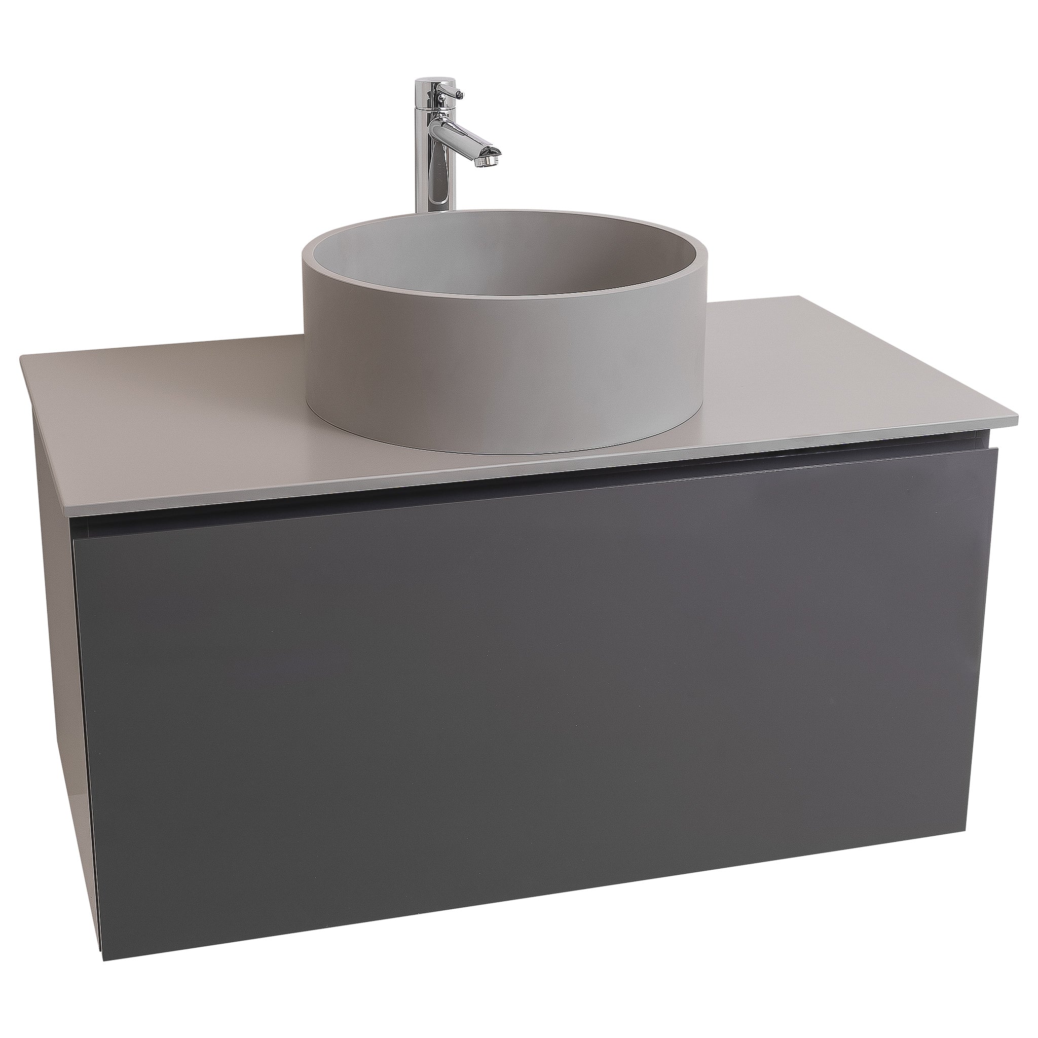 Venice 31.5 Anthracite High Gloss Cabinet, Solid Surface Flat Grey Counter And Round Solid Surface Grey Basin 1386, Wall Mounted Modern Vanity Set