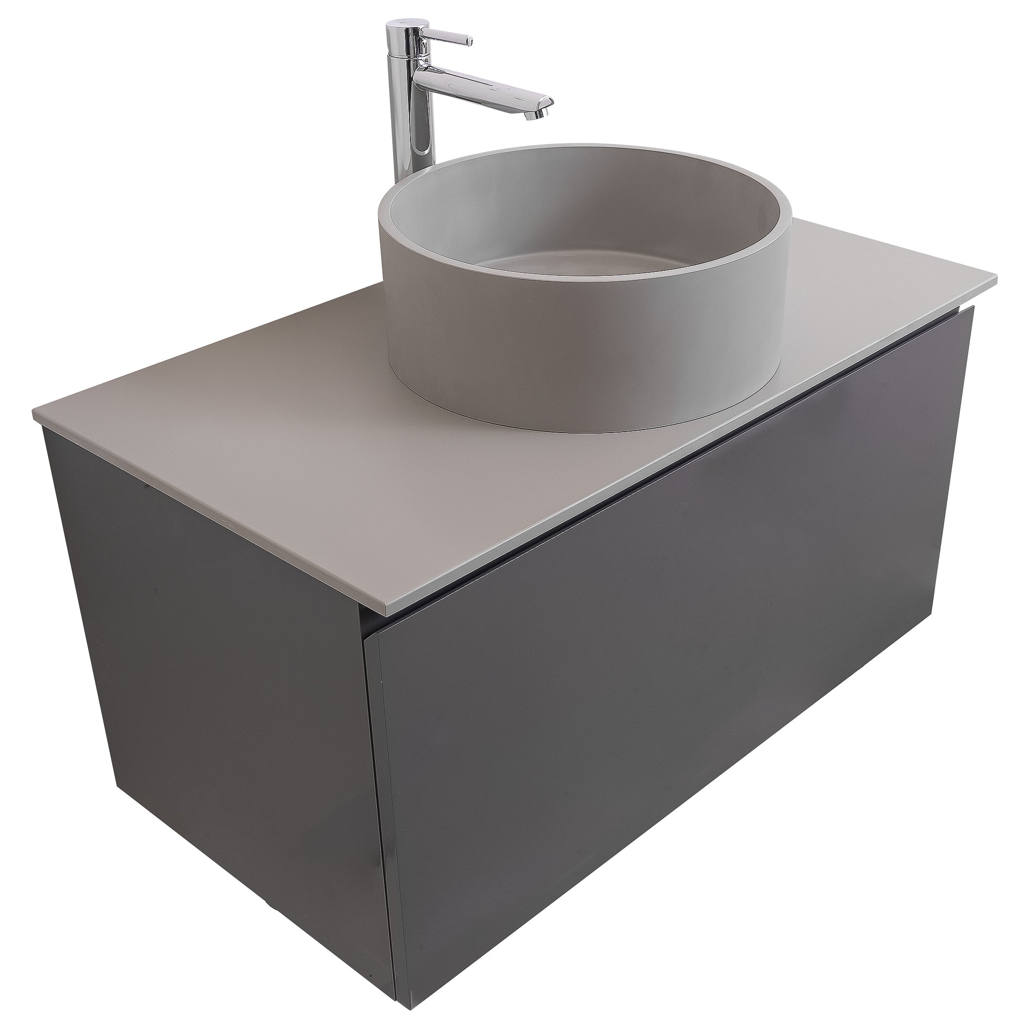 Venice 31.5 Anthracite High Gloss Cabinet, Solid Surface Flat Grey Counter And Round Solid Surface Grey Basin 1386, Wall Mounted Modern Vanity Set