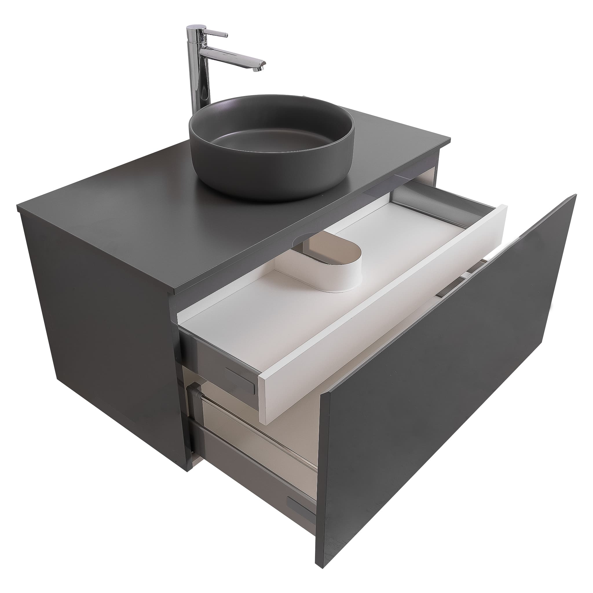 Venice 31.5 Anthracite High Gloss Cabinet, Ares Grey Ceniza Top And Ares Grey Ceniza Ceramic Basin, Wall Mounted Modern Vanity Set