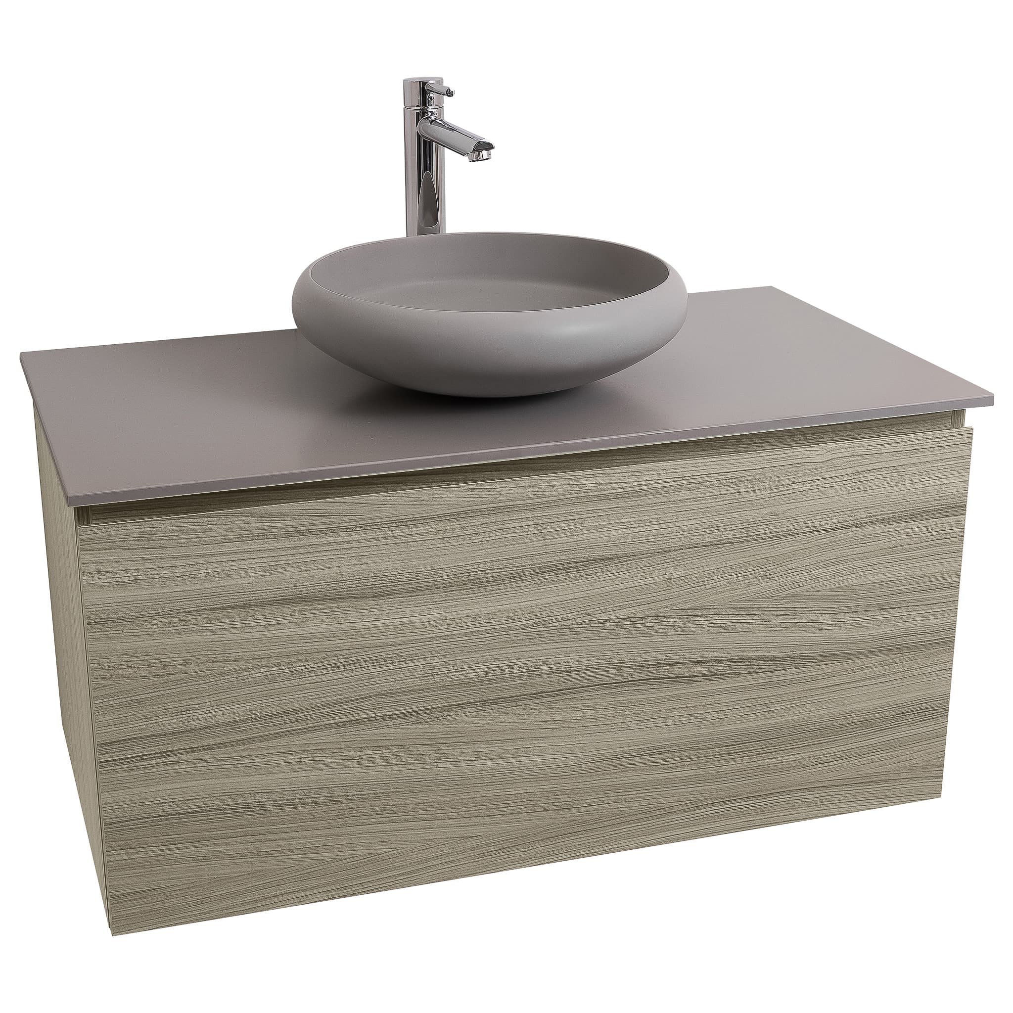 Venice 31.5 Nilo Grey Wood Texture Cabinet, Solid Surface Flat Grey Counter And Round Solid Surface Grey Basin 1153, Wall Mounted Modern Vanity Set
