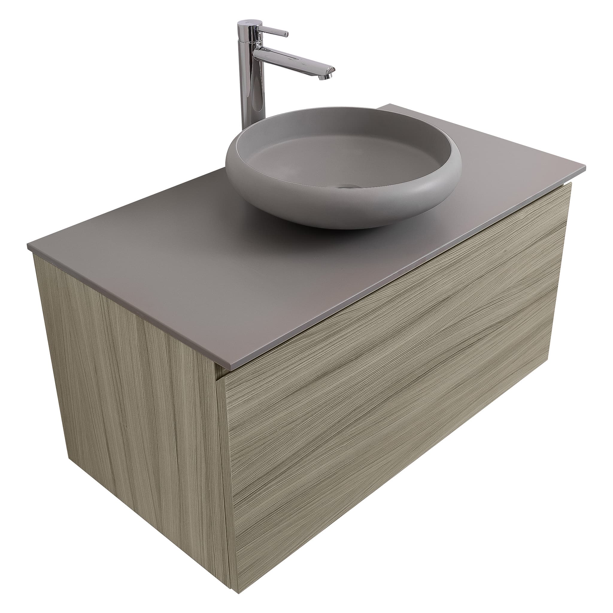 Venice 31.5 Nilo Grey Wood Texture Cabinet, Solid Surface Flat Grey Counter And Round Solid Surface Grey Basin 1153, Wall Mounted Modern Vanity Set