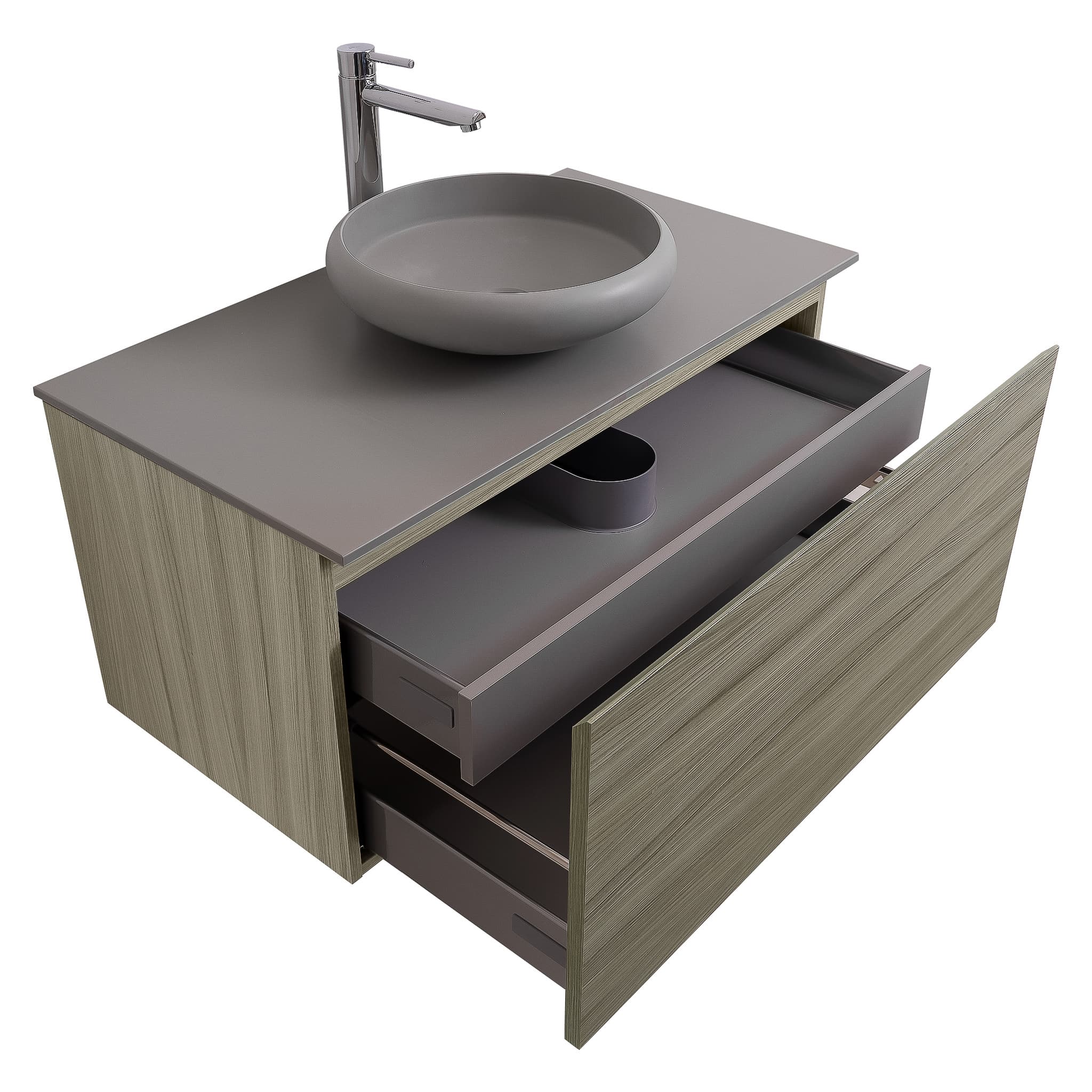 Venice 31.5 Nilo Grey Wood Texture Cabinet, Solid Surface Flat Grey Counter And Round Solid Surface Grey Basin 1153, Wall Mounted Modern Vanity Set