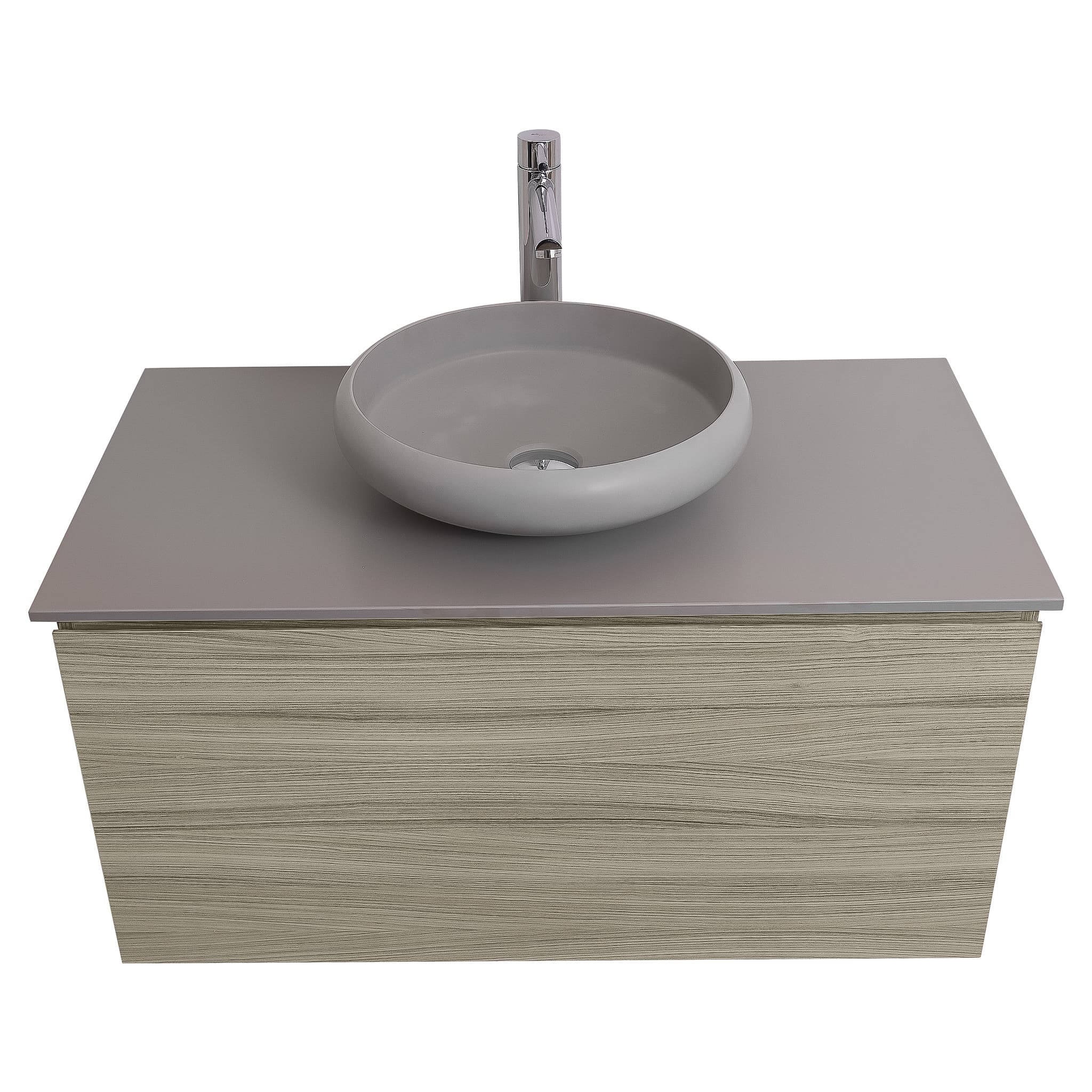 Venice 31.5 Nilo Grey Wood Texture Cabinet, Solid Surface Flat Grey Counter And Round Solid Surface Grey Basin 1153, Wall Mounted Modern Vanity Set
