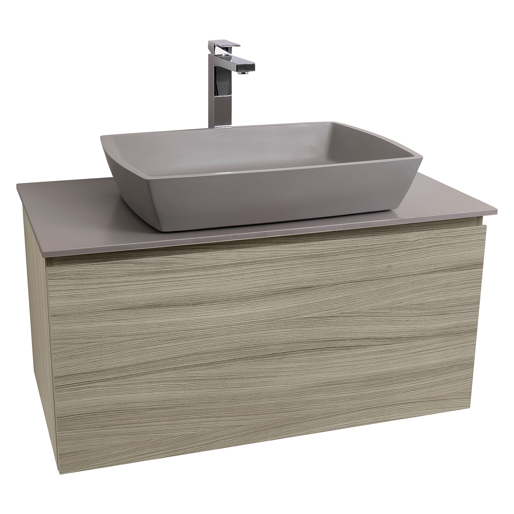 Venice 31.5 Nilo Grey Wood Texture Cabinet, Solid Surface Flat Grey Counter And Square Solid Surface Grey Basin 1316, Wall Mounted Modern Vanity Set