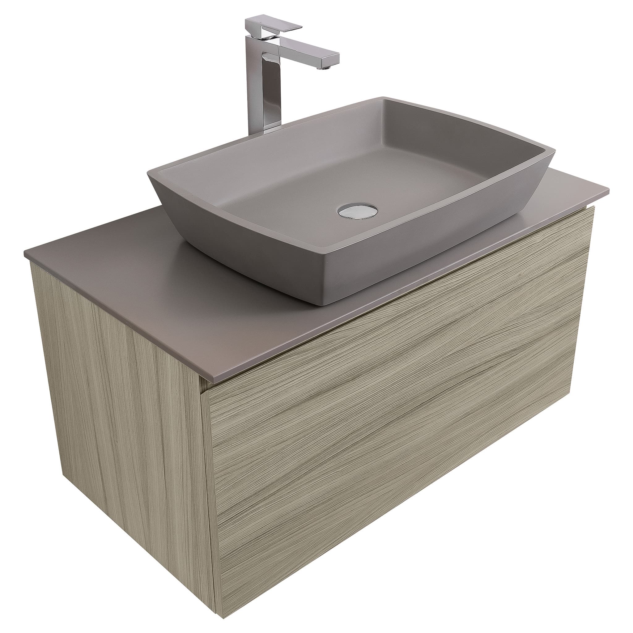 Venice 31.5 Nilo Grey Wood Texture Cabinet, Solid Surface Flat Grey Counter And Square Solid Surface Grey Basin 1316, Wall Mounted Modern Vanity Set