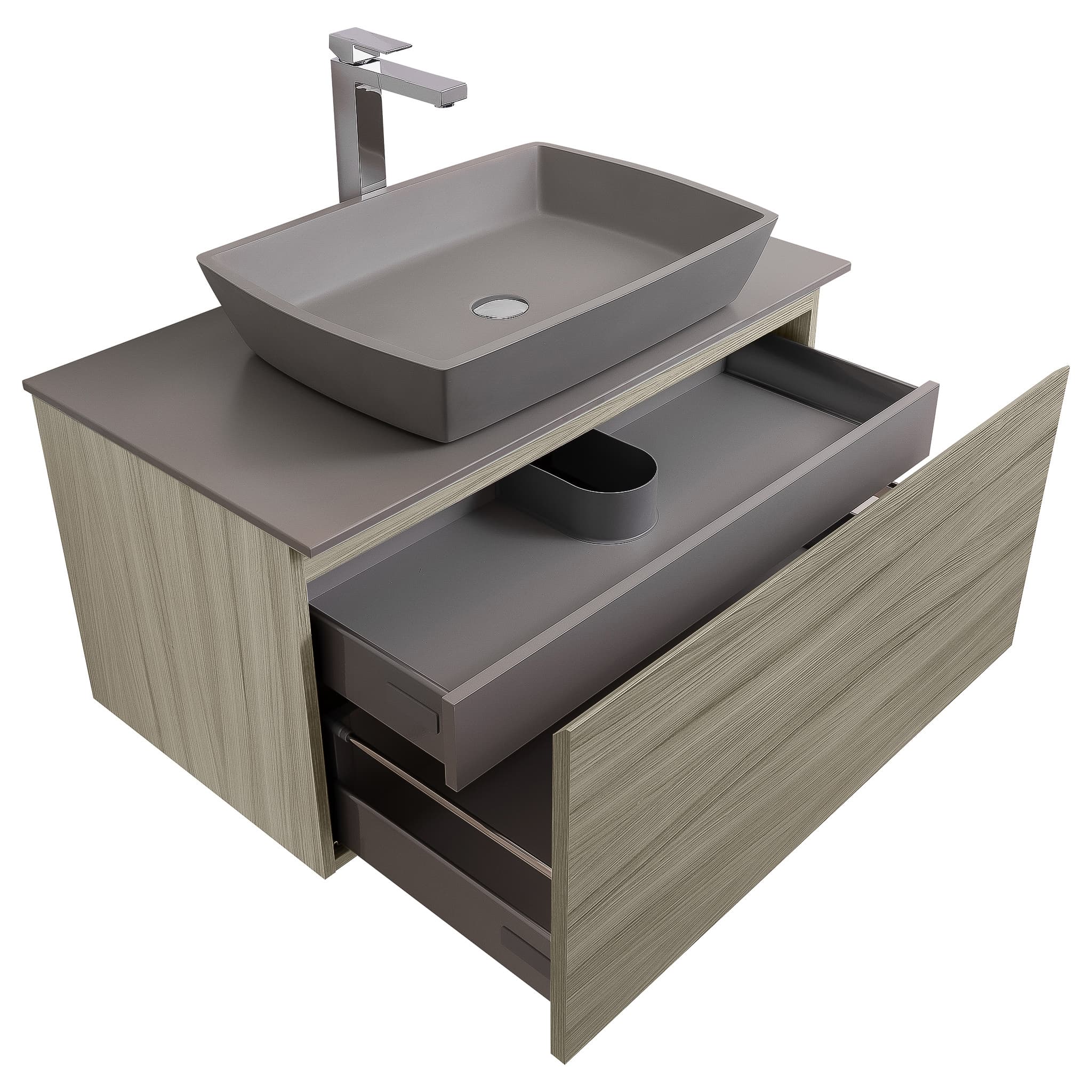 Venice 31.5 Nilo Grey Wood Texture Cabinet, Solid Surface Flat Grey Counter And Square Solid Surface Grey Basin 1316, Wall Mounted Modern Vanity Set
