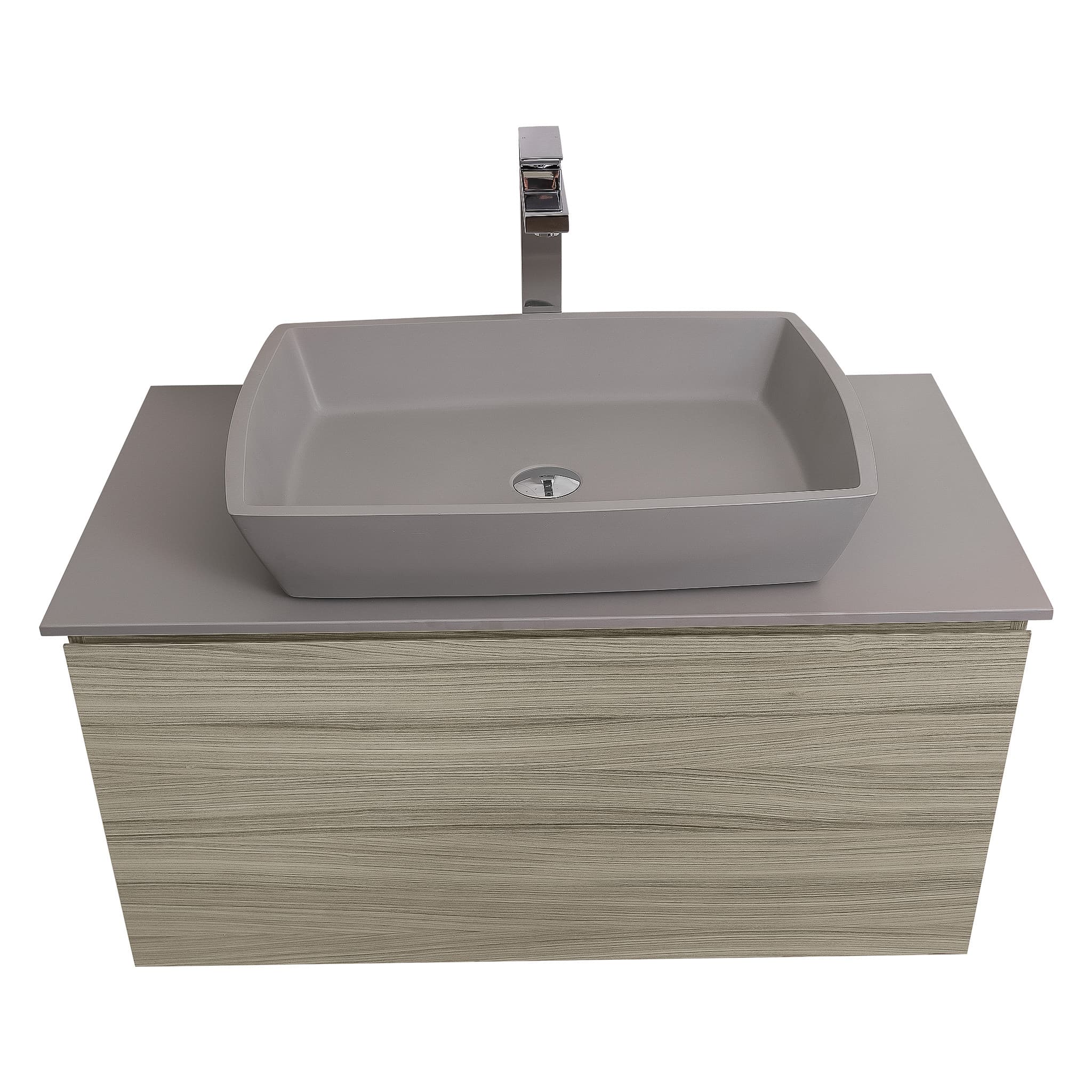 Venice 31.5 Nilo Grey Wood Texture Cabinet, Solid Surface Flat Grey Counter And Square Solid Surface Grey Basin 1316, Wall Mounted Modern Vanity Set