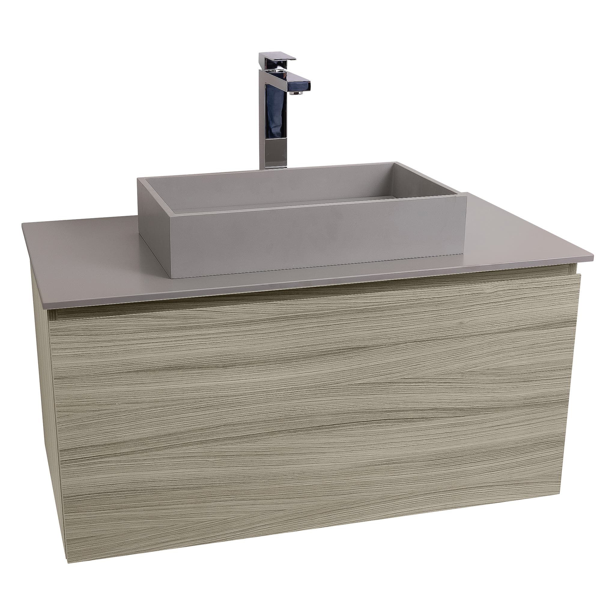 Venice 31.5 Nilo Grey Wood Texture Cabinet, Solid Surface Flat Grey Counter And Infinity Square Solid Surface Grey Basin 1329, Wall Mounted Modern Vanity Set