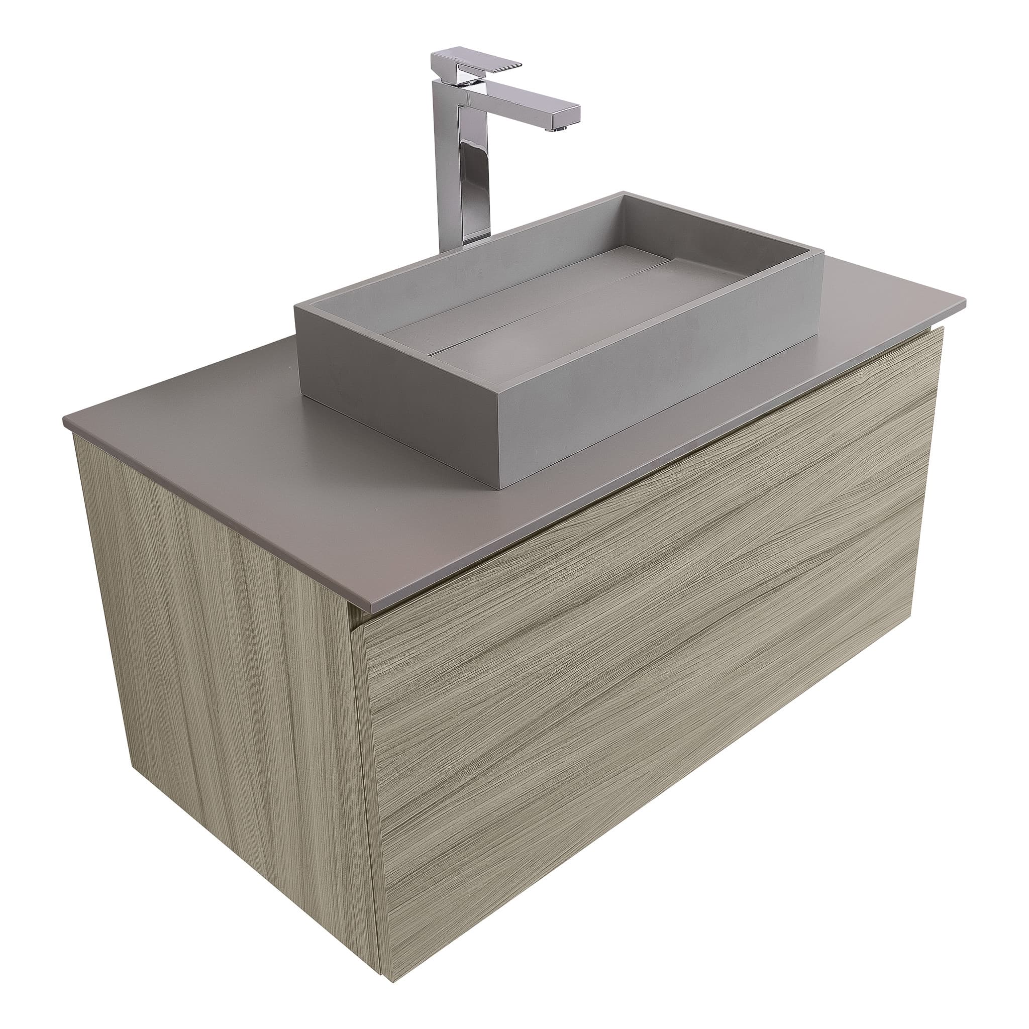 Venice 31.5 Nilo Grey Wood Texture Cabinet, Solid Surface Flat Grey Counter And Infinity Square Solid Surface Grey Basin 1329, Wall Mounted Modern Vanity Set