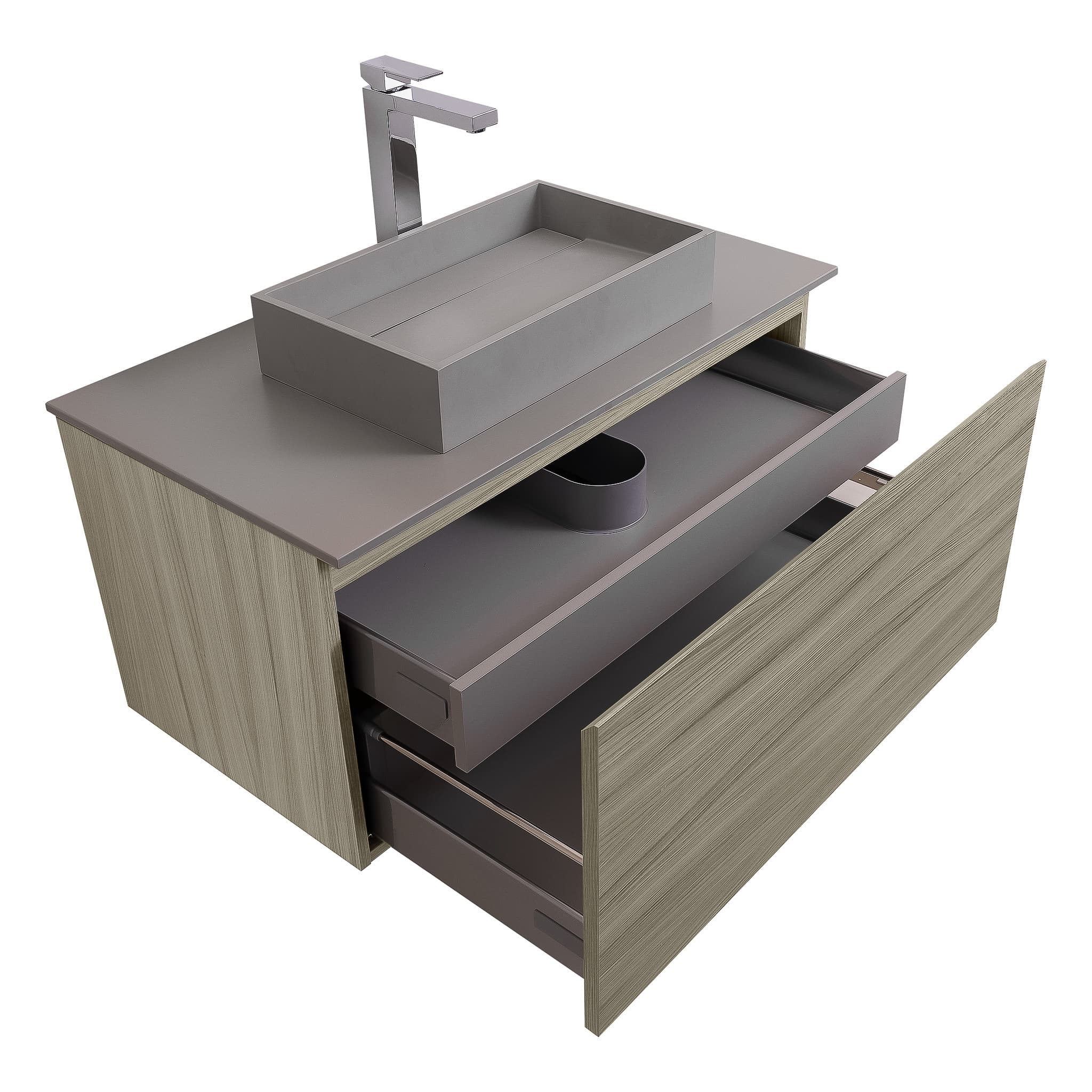 Venice 31.5 Nilo Grey Wood Texture Cabinet, Solid Surface Flat Grey Counter And Infinity Square Solid Surface Grey Basin 1329, Wall Mounted Modern Vanity Set