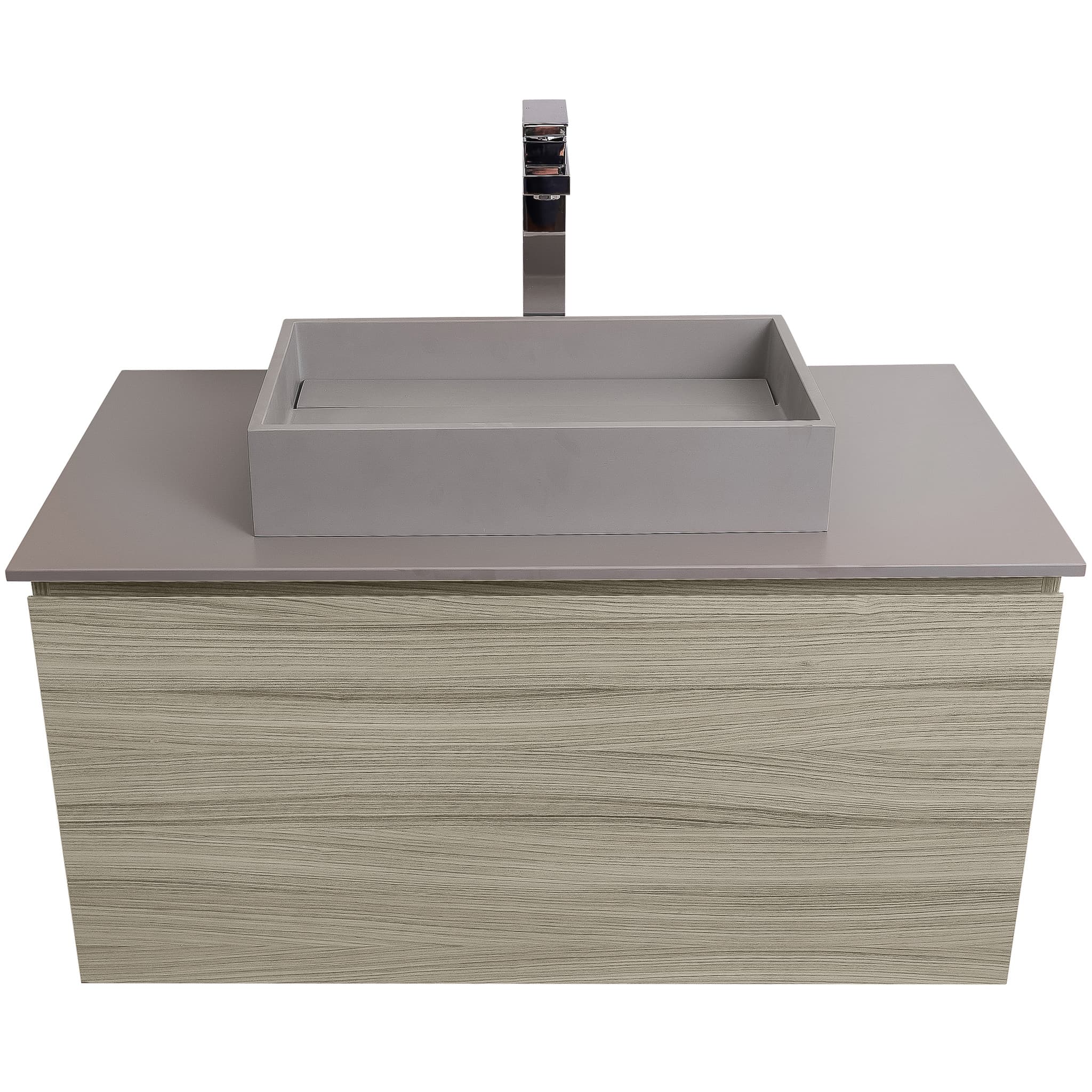 Venice 31.5 Nilo Grey Wood Texture Cabinet, Solid Surface Flat Grey Counter And Infinity Square Solid Surface Grey Basin 1329, Wall Mounted Modern Vanity Set