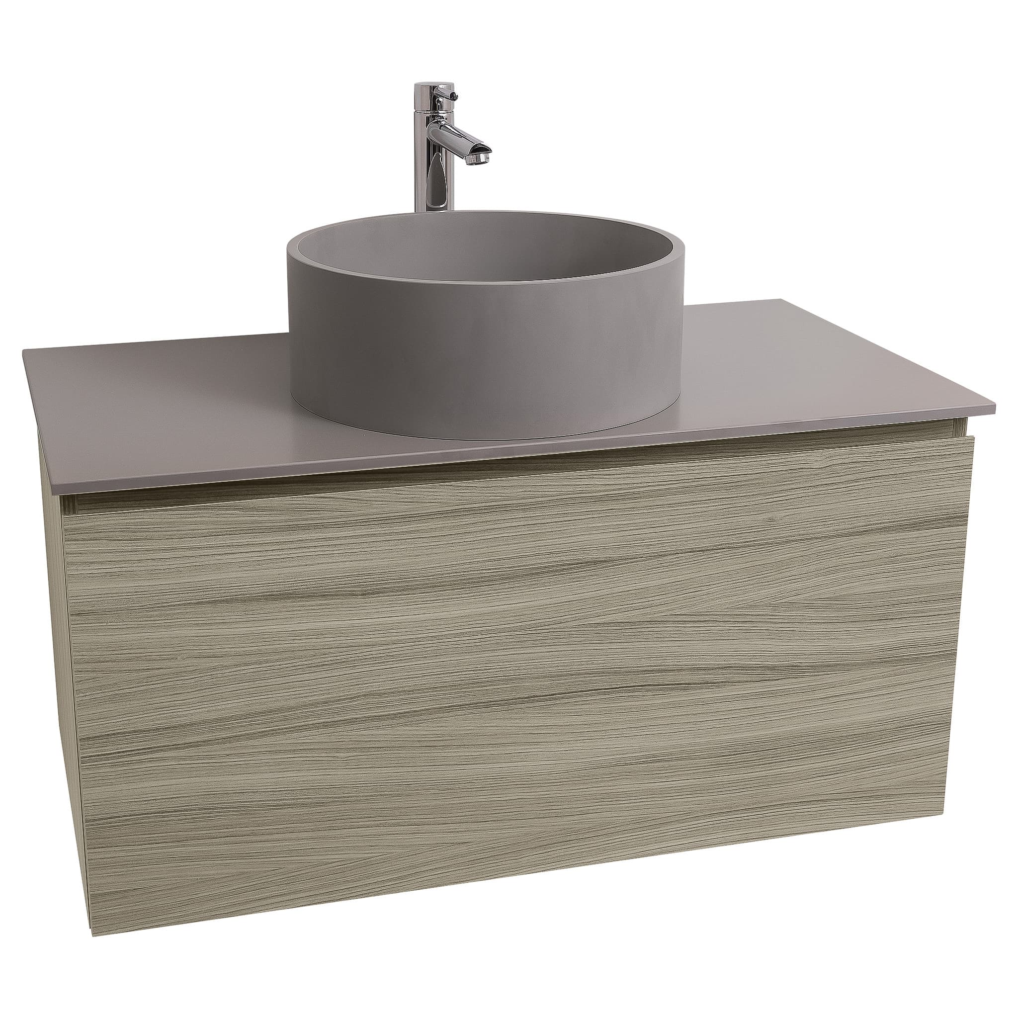 Venice 31.5 Nilo Grey Wood Texture Cabinet, Solid Surface Flat Grey Counter And Round Solid Surface Grey Basin 1386, Wall Mounted Modern Vanity Set