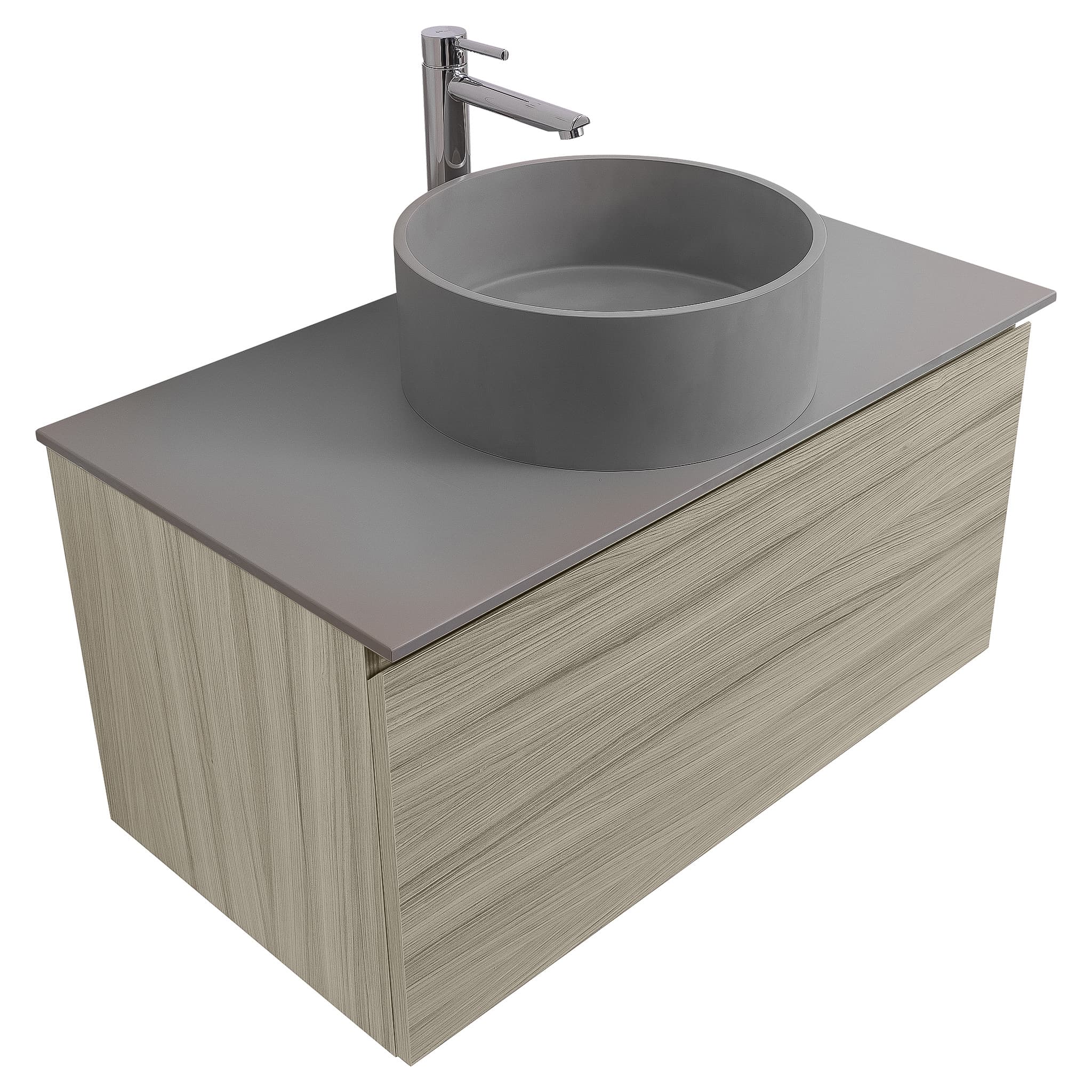 Venice 31.5 Nilo Grey Wood Texture Cabinet, Solid Surface Flat Grey Counter And Round Solid Surface Grey Basin 1386, Wall Mounted Modern Vanity Set