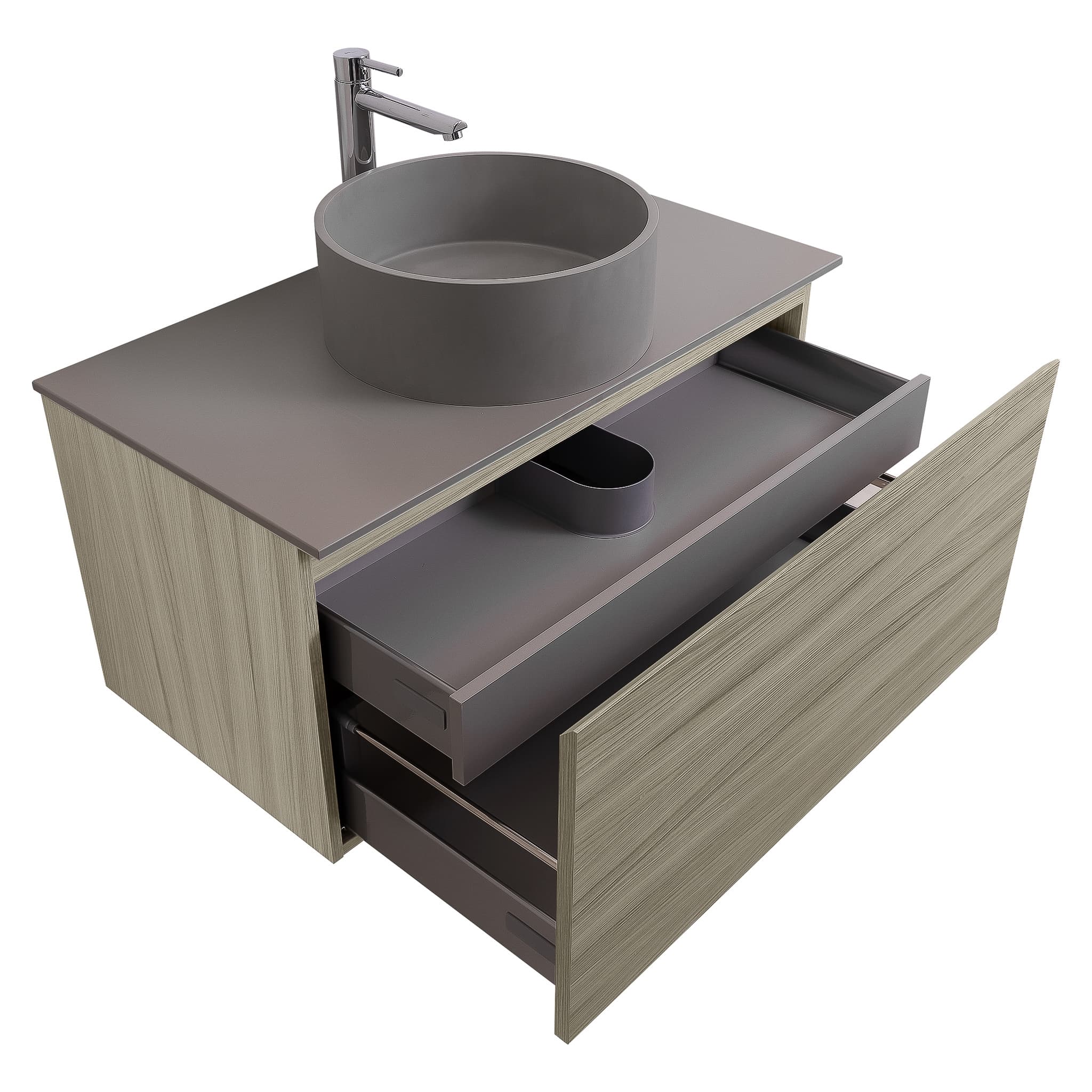 Venice 31.5 Nilo Grey Wood Texture Cabinet, Solid Surface Flat Grey Counter And Round Solid Surface Grey Basin 1386, Wall Mounted Modern Vanity Set
