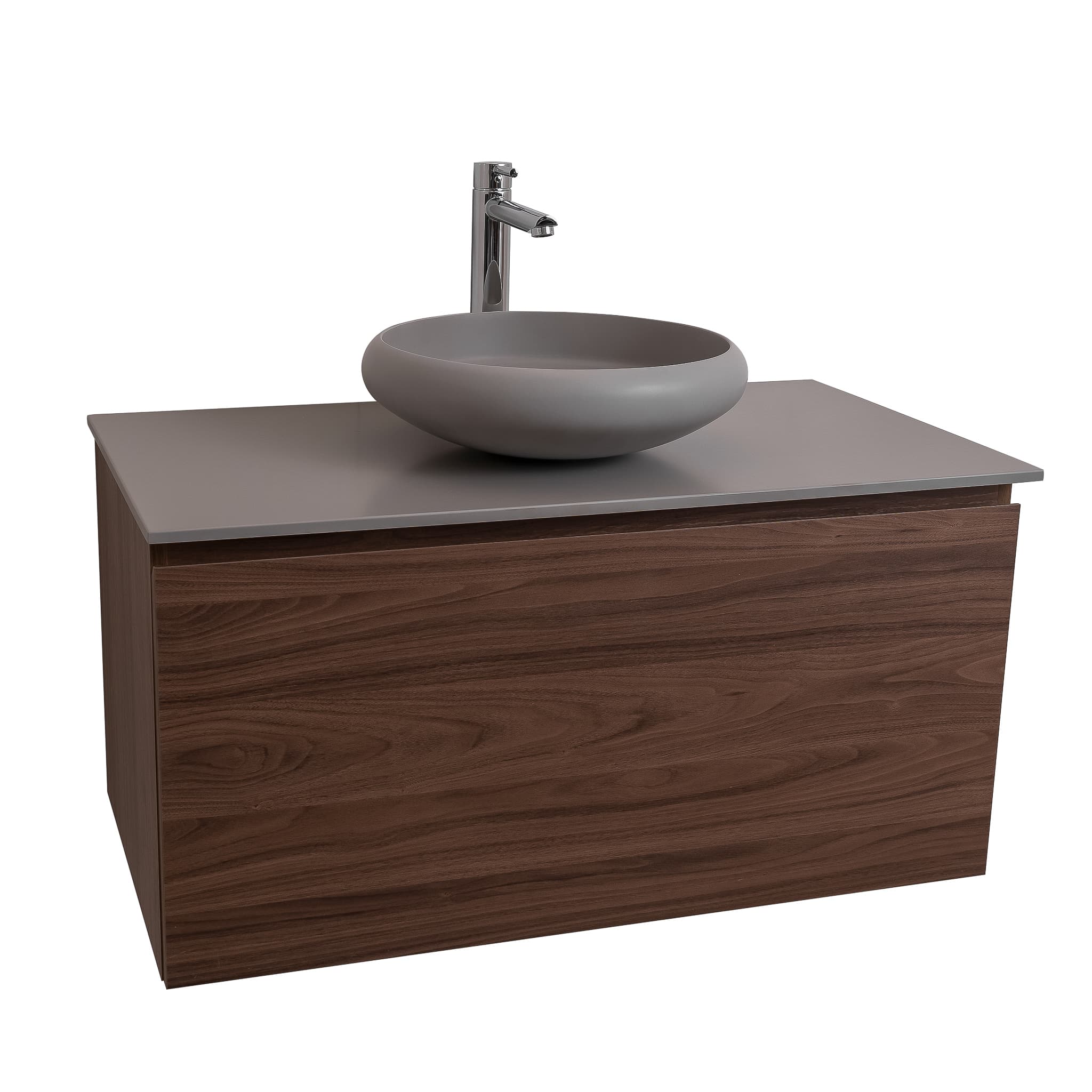 Venice 31.5 Walnut Wood Texture Cabinet, Solid Surface Flat Grey Counter And Round Solid Surface Grey Basin 1153, Wall Mounted Modern Vanity Set