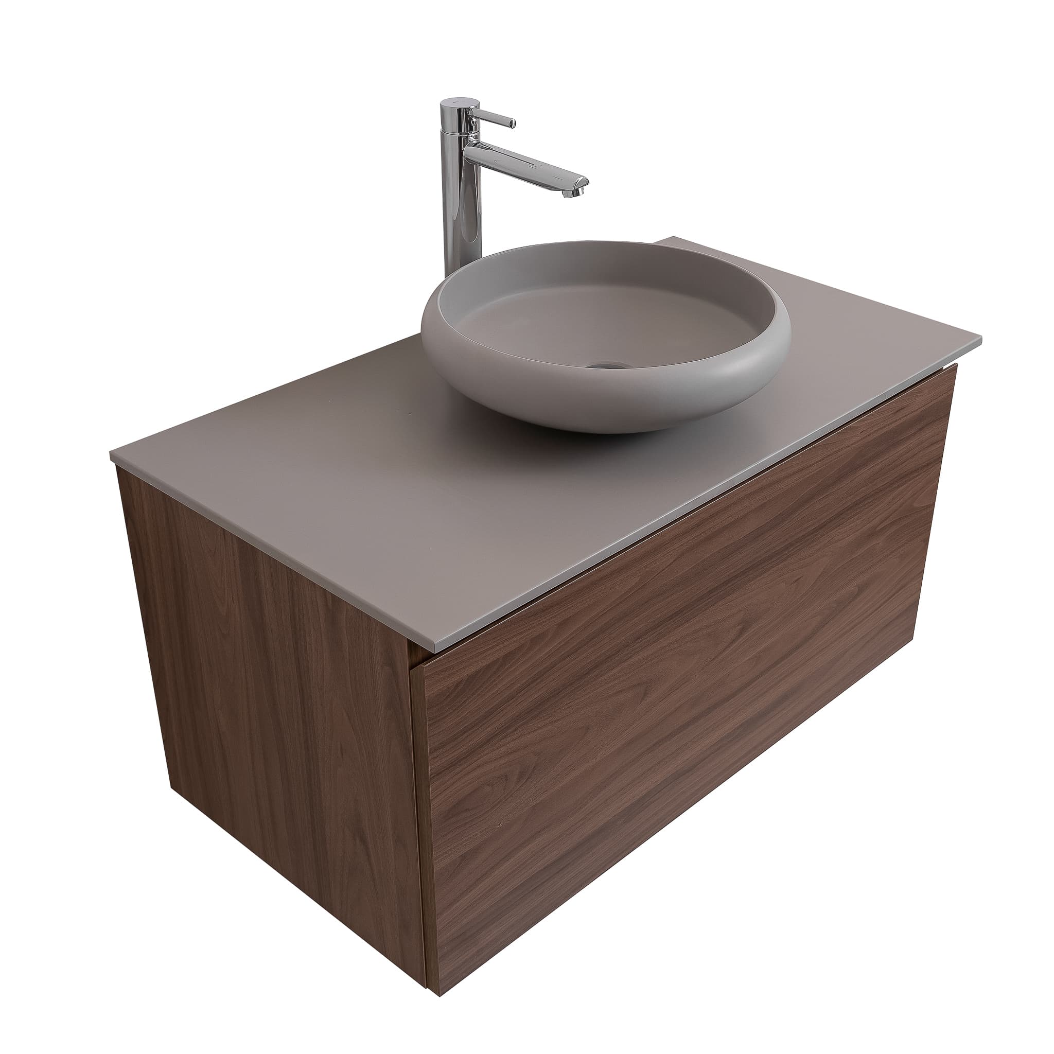 Venice 31.5 Walnut Wood Texture Cabinet, Solid Surface Flat Grey Counter And Round Solid Surface Grey Basin 1153, Wall Mounted Modern Vanity Set