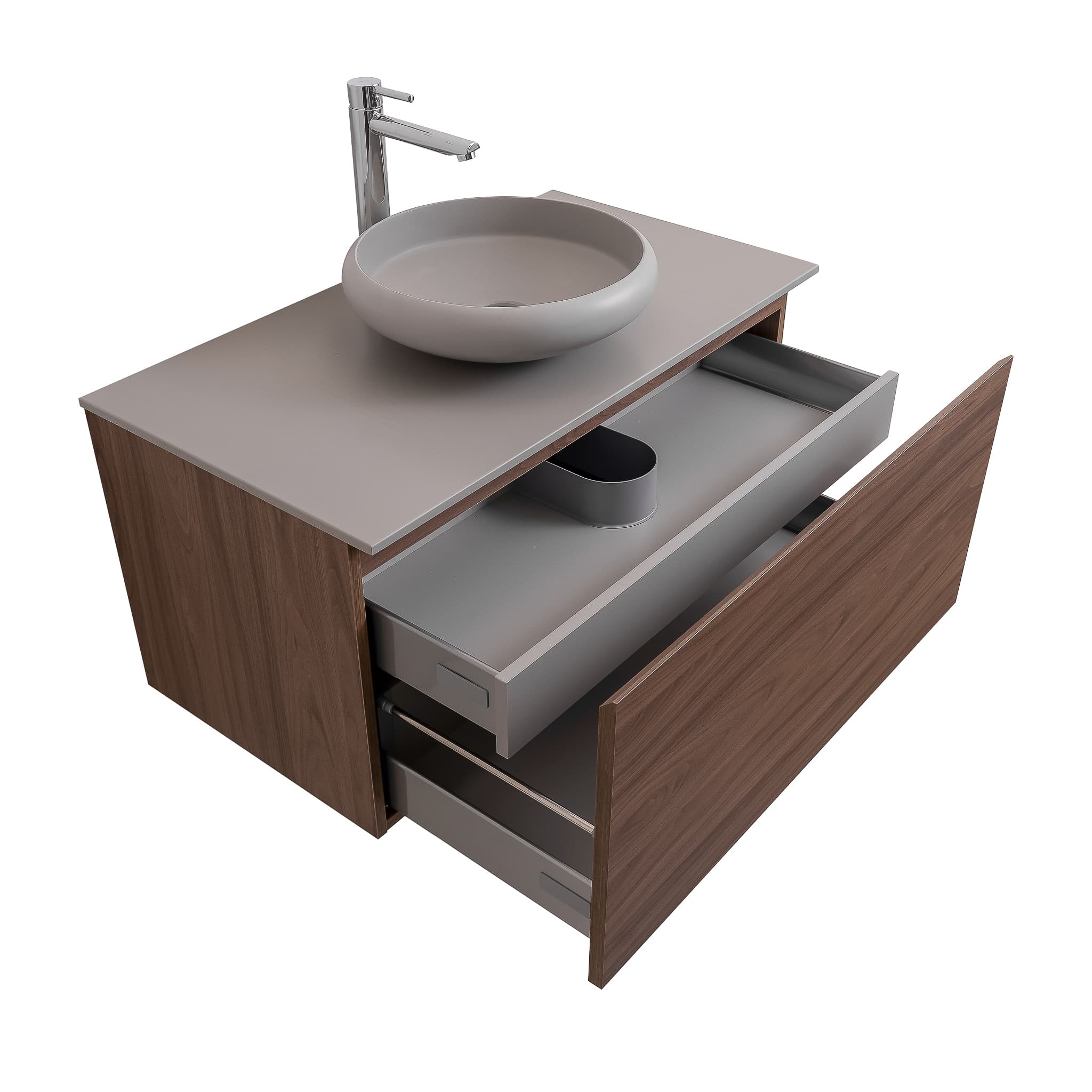Venice 31.5 Walnut Wood Texture Cabinet, Solid Surface Flat Grey Counter And Round Solid Surface Grey Basin 1153, Wall Mounted Modern Vanity Set