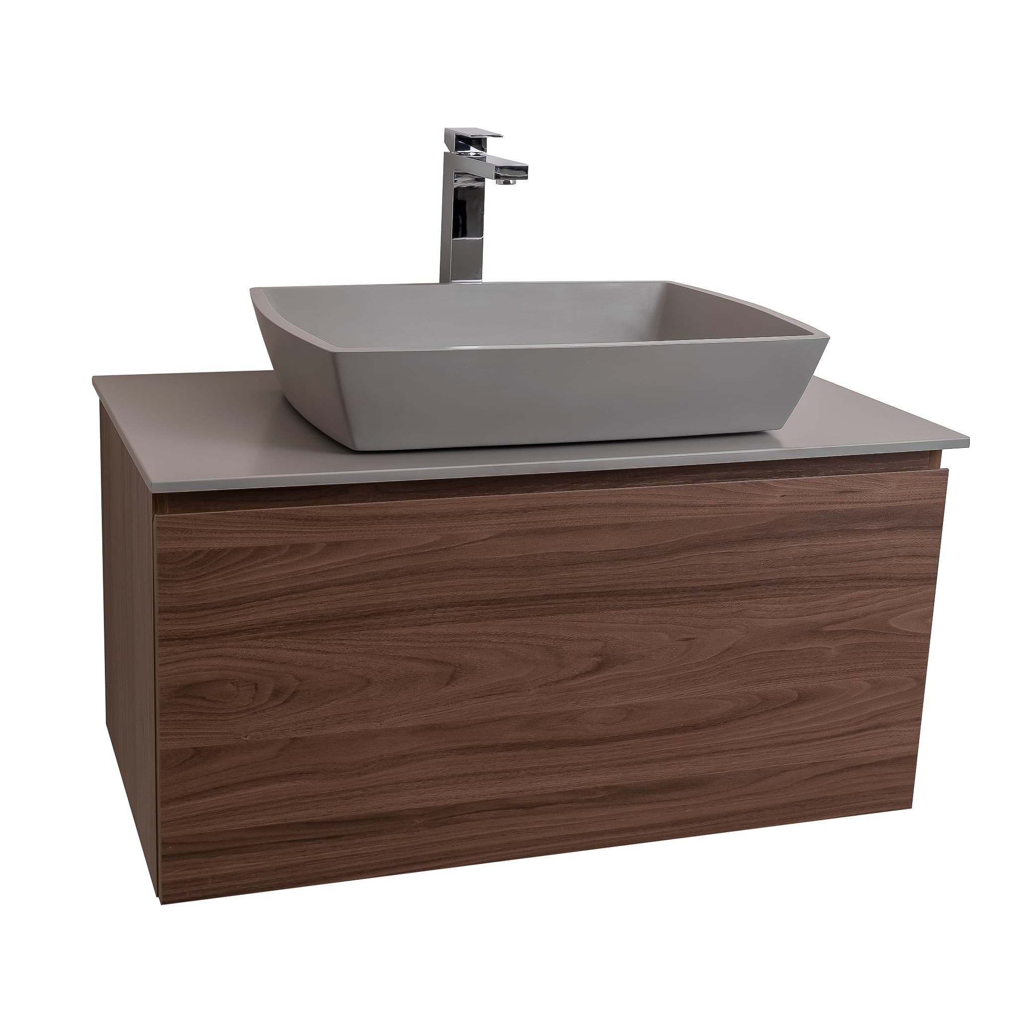 Venice 31.5 Walnut Wood Texture Cabinet, Solid Surface Flat Grey Counter And Square Solid Surface Grey Basin 1316, Wall Mounted Modern Vanity Set