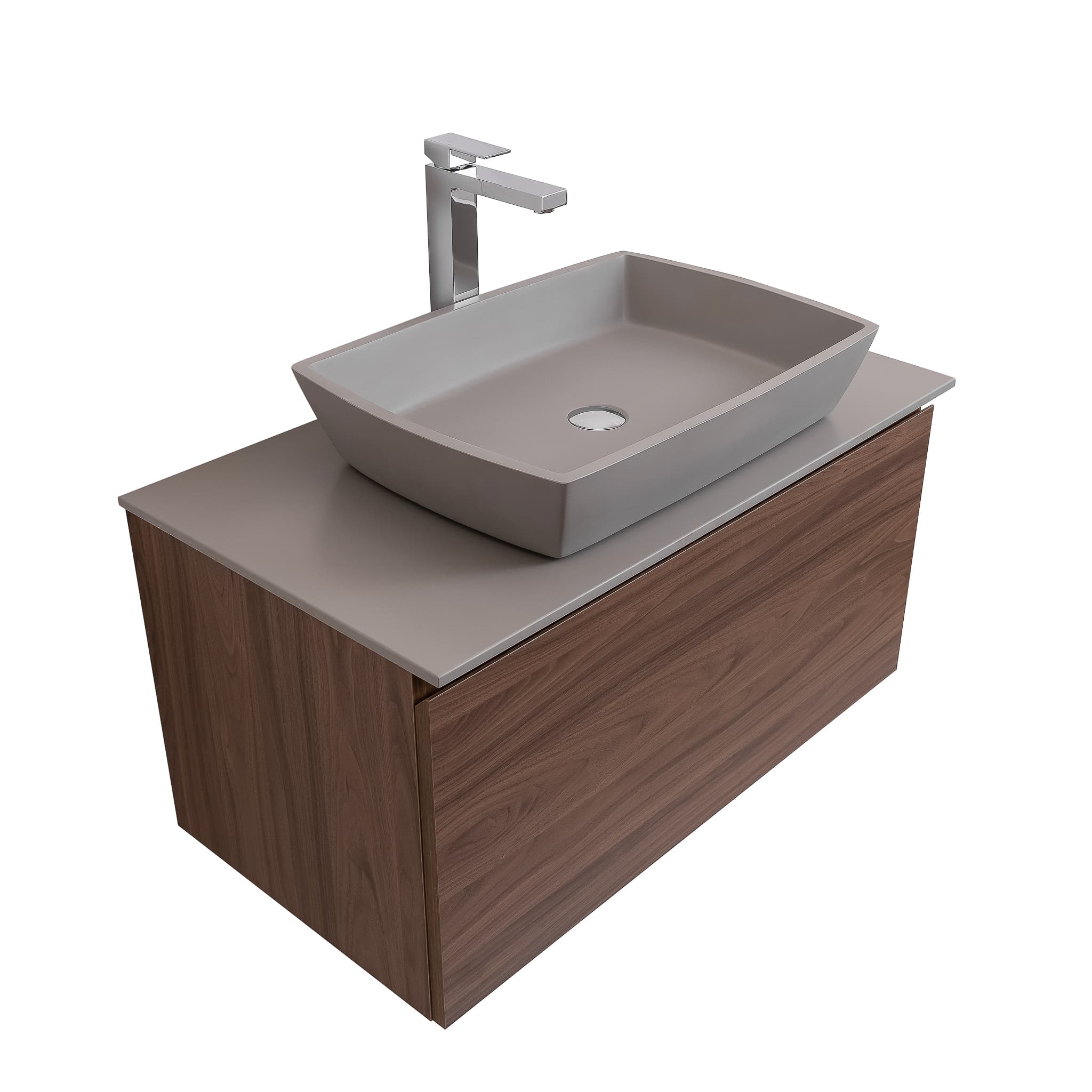 Venice 31.5 Walnut Wood Texture Cabinet, Solid Surface Flat Grey Counter And Square Solid Surface Grey Basin 1316, Wall Mounted Modern Vanity Set