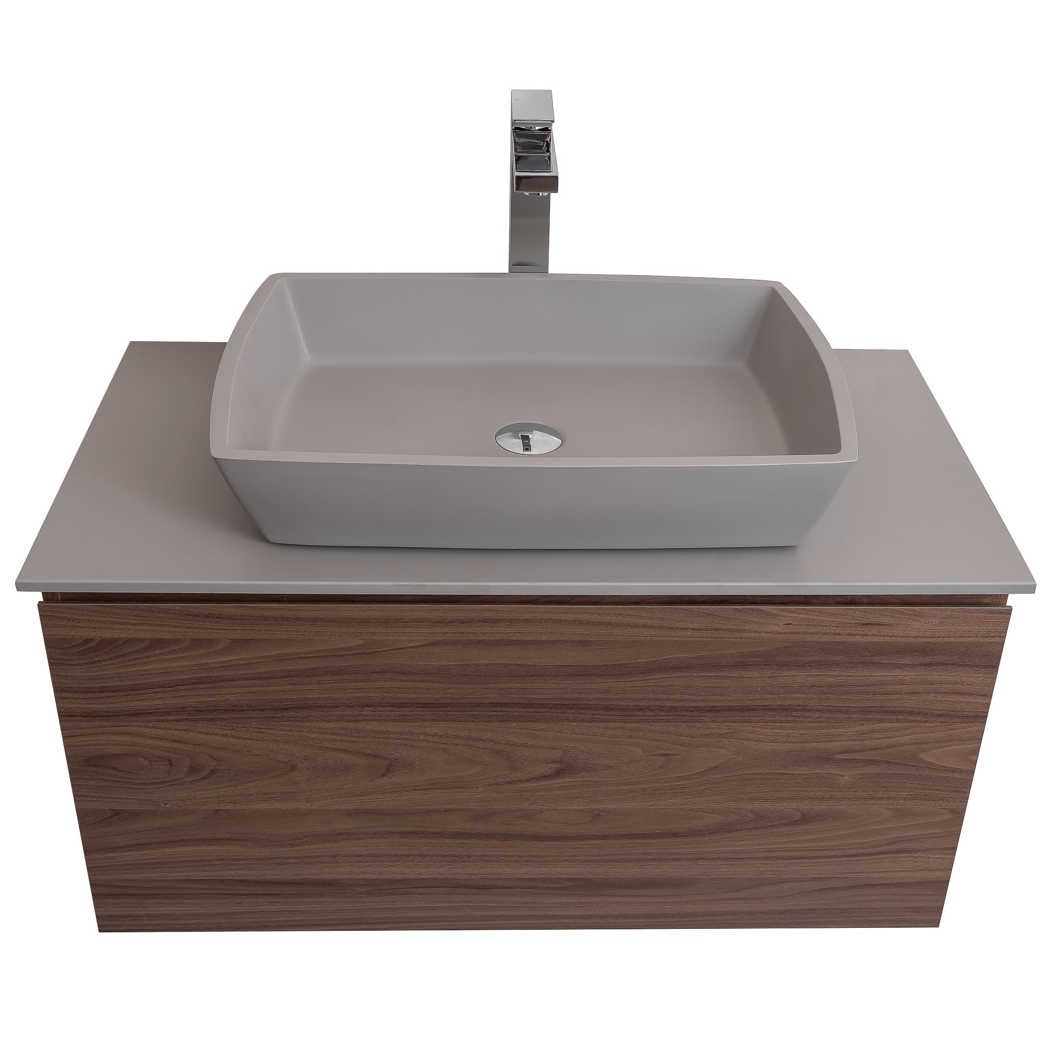 Venice 31.5 Walnut Wood Texture Cabinet, Solid Surface Flat Grey Counter And Square Solid Surface Grey Basin 1316, Wall Mounted Modern Vanity Set