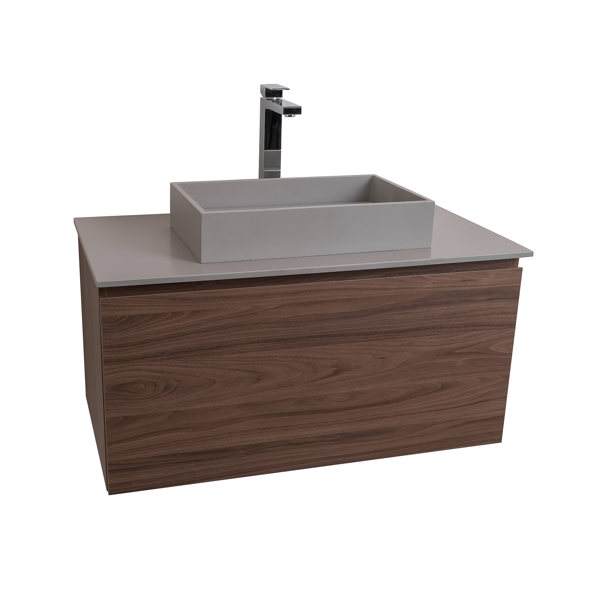 Venice 31.5 Walnut Wood Texture Cabinet, Solid Surface Flat Grey Counter And Infinity Square Solid Surface Grey Basin 1329, Wall Mounted Modern Vanity Set