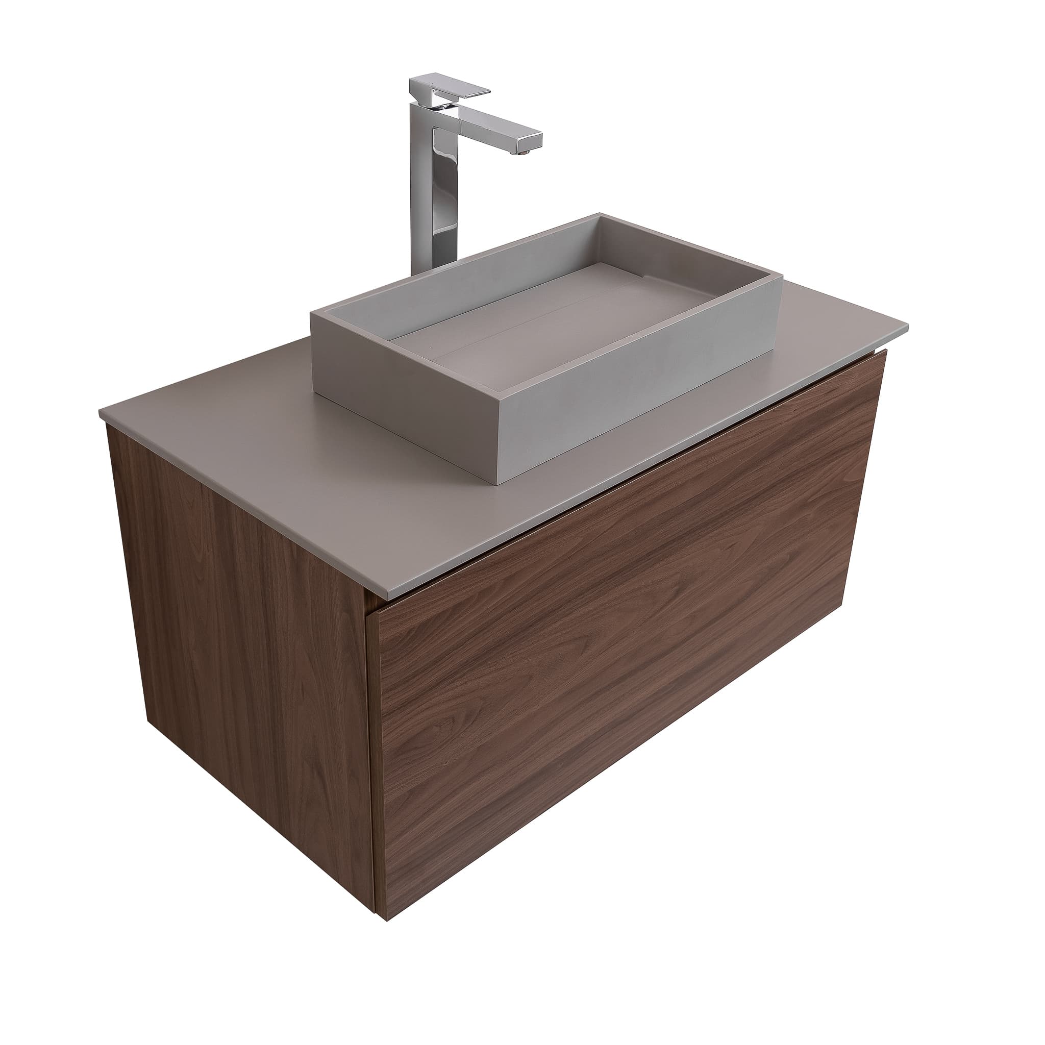 Venice 31.5 Walnut Wood Texture Cabinet, Solid Surface Flat Grey Counter And Infinity Square Solid Surface Grey Basin 1329, Wall Mounted Modern Vanity Set