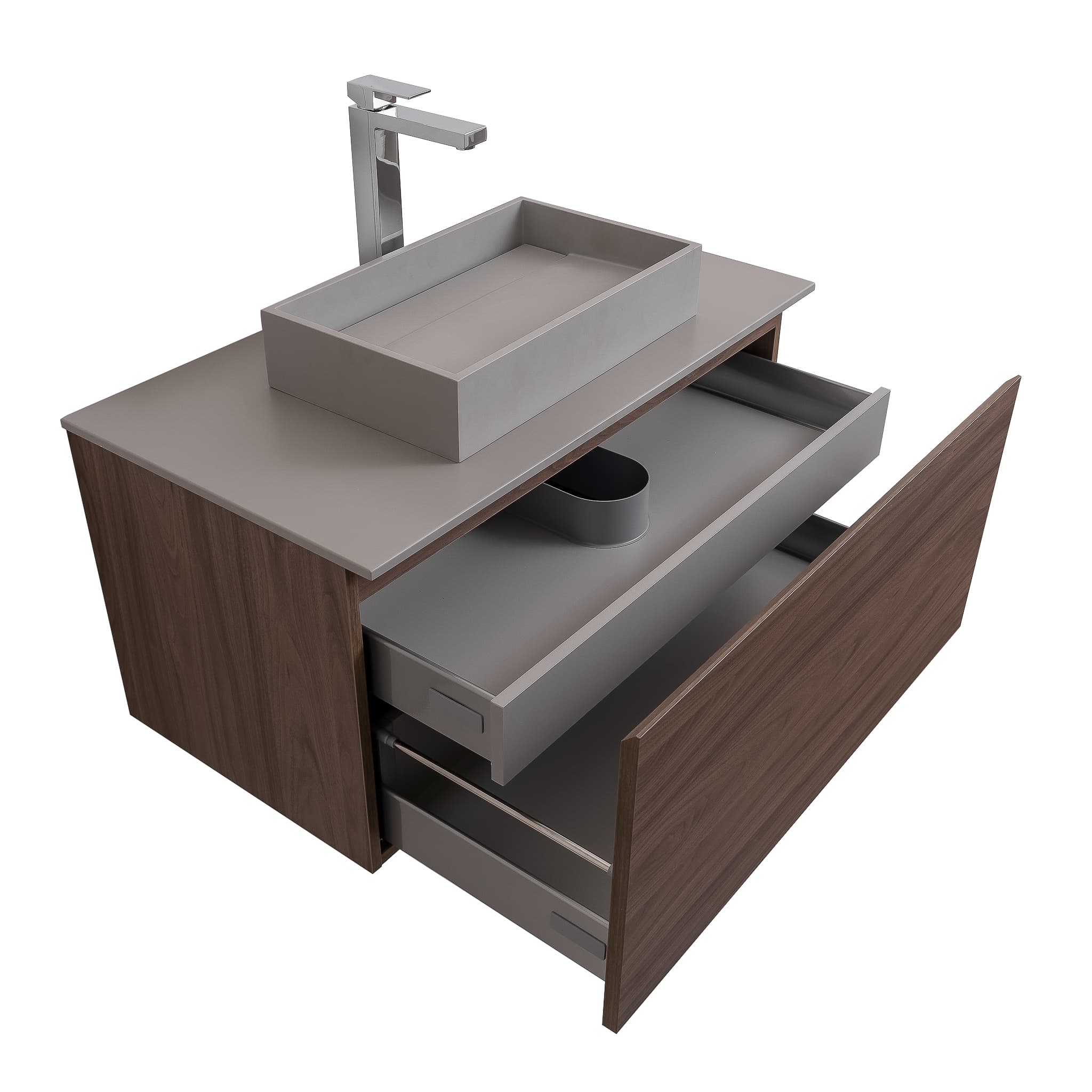 Venice 31.5 Walnut Wood Texture Cabinet, Solid Surface Flat Grey Counter And Infinity Square Solid Surface Grey Basin 1329, Wall Mounted Modern Vanity Set