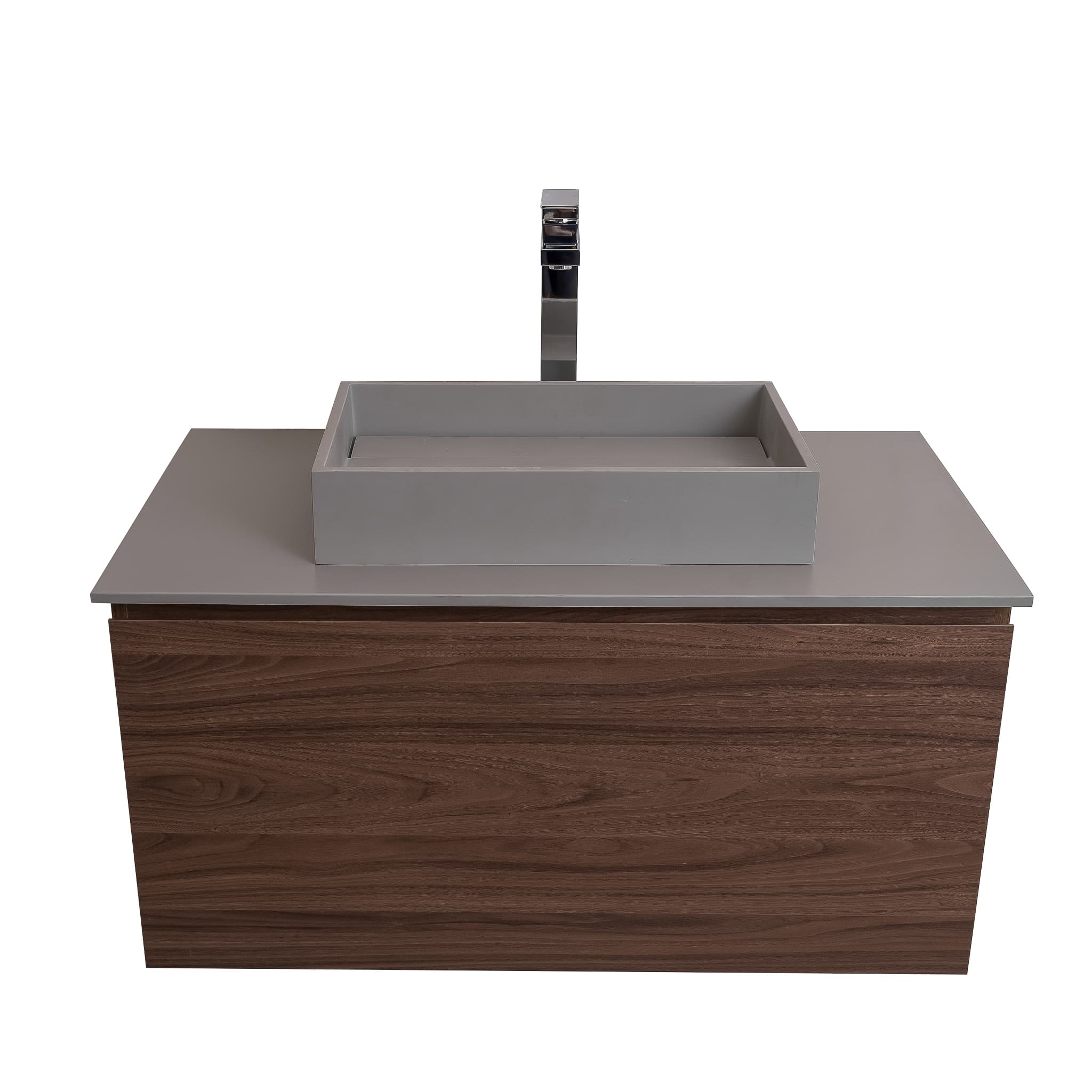 Venice 31.5 Walnut Wood Texture Cabinet, Solid Surface Flat Grey Counter And Infinity Square Solid Surface Grey Basin 1329, Wall Mounted Modern Vanity Set