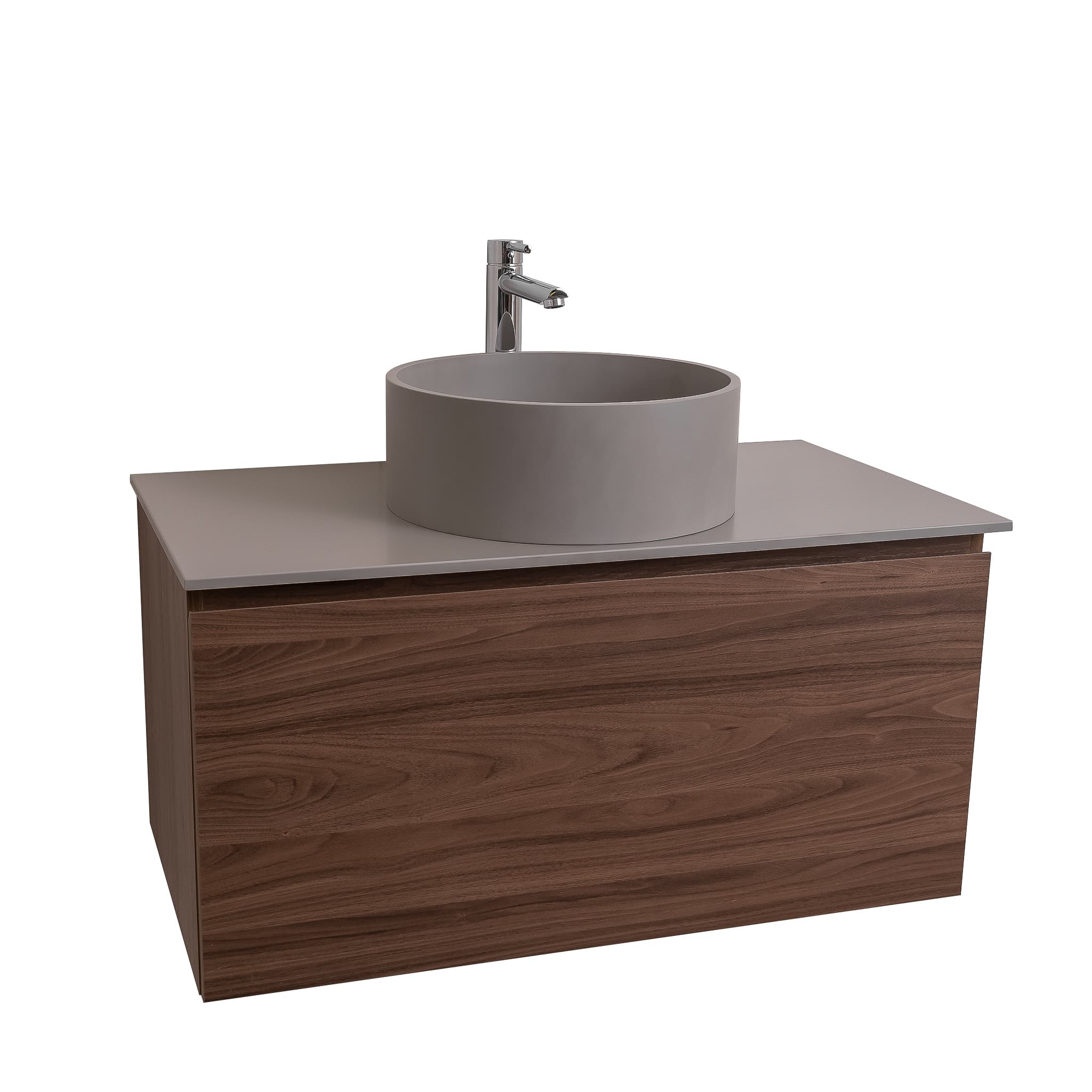 Venice 31.5 Walnut Wood Texture Cabinet, Solid Surface Flat Grey Counter And Round Solid Surface Grey Basin 1386, Wall Mounted Modern Vanity Set