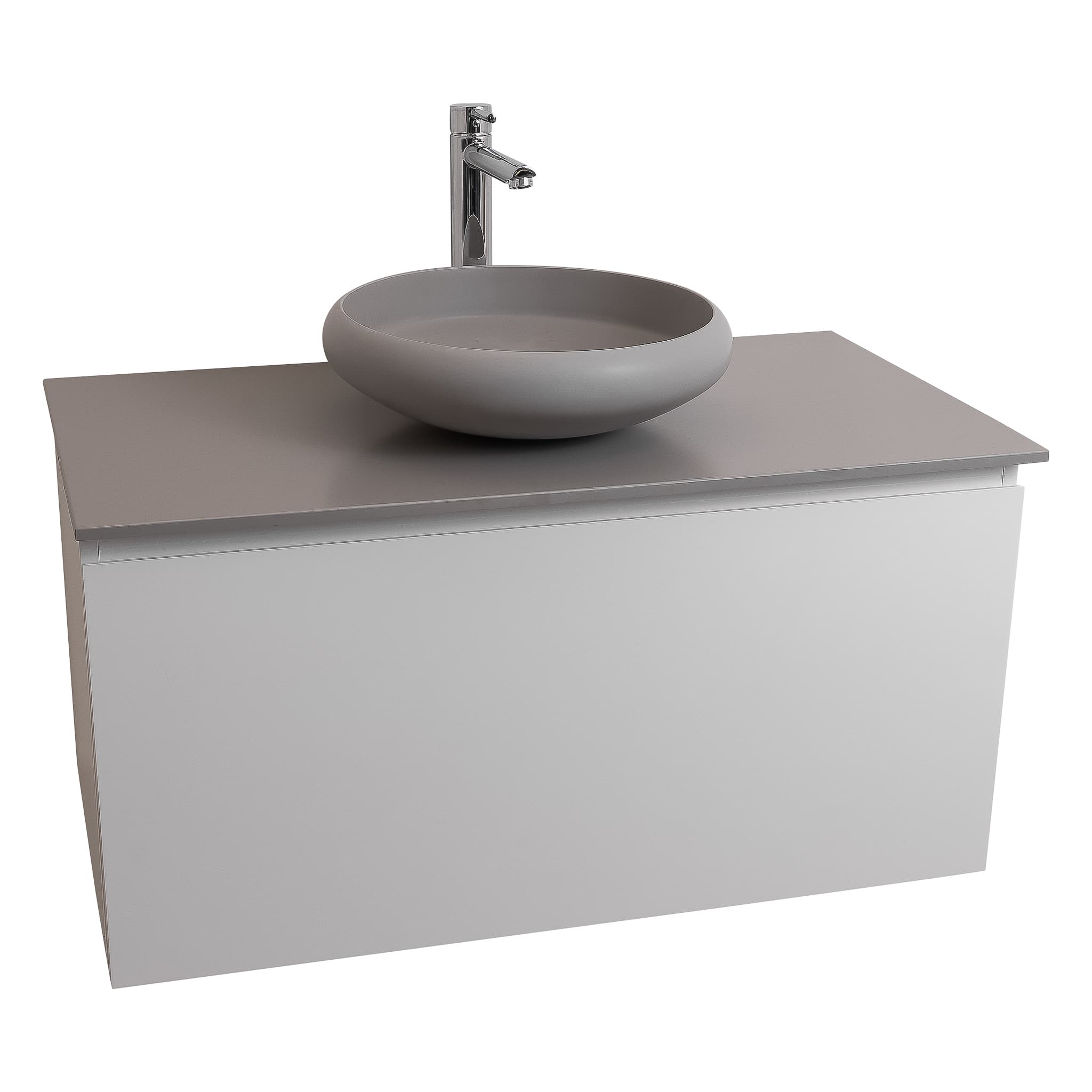 Venice 31.5 White High Gloss Cabinet, Solid Surface Flat Grey Counter And Round Solid Surface Grey Basin 1153, Wall Mounted Modern Vanity Set