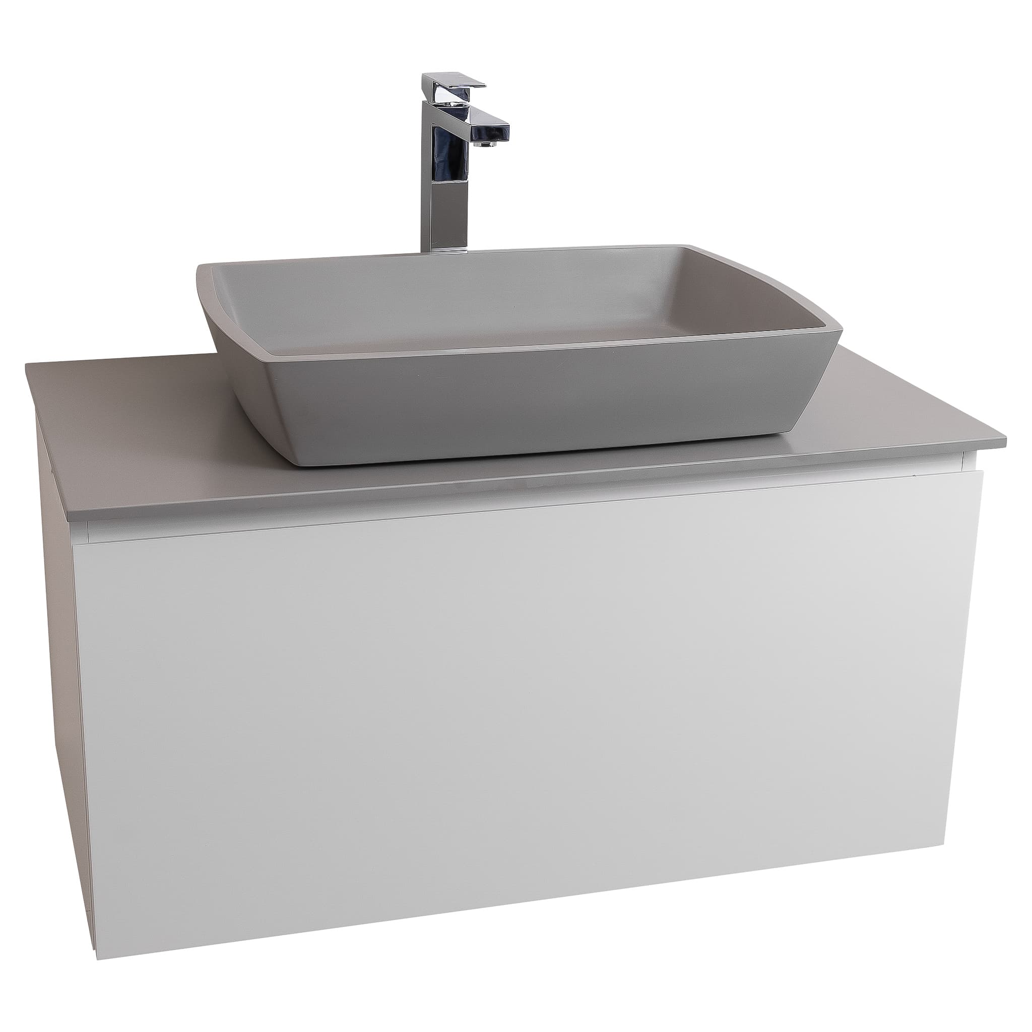 Venice 31.5 White High Gloss Cabinet, Solid Surface Flat Grey Counter And Square Solid Surface Grey Basin 1316, Wall Mounted Modern Vanity Set