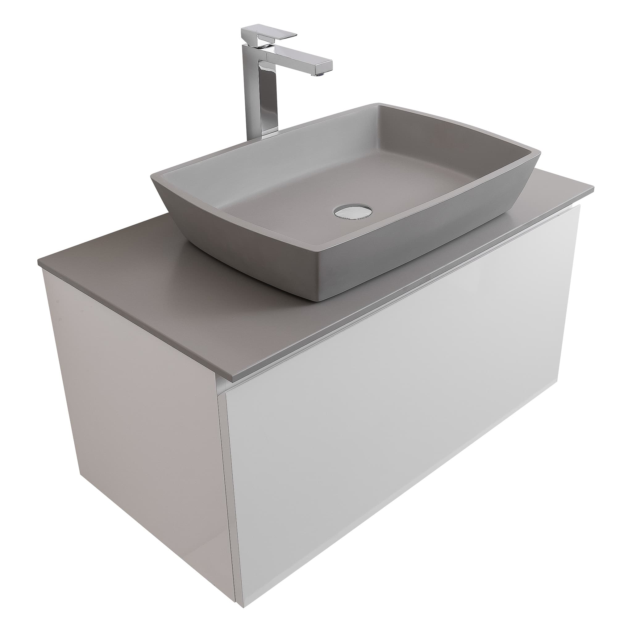 Venice 31.5 White High Gloss Cabinet, Solid Surface Flat Grey Counter And Square Solid Surface Grey Basin 1316, Wall Mounted Modern Vanity Set