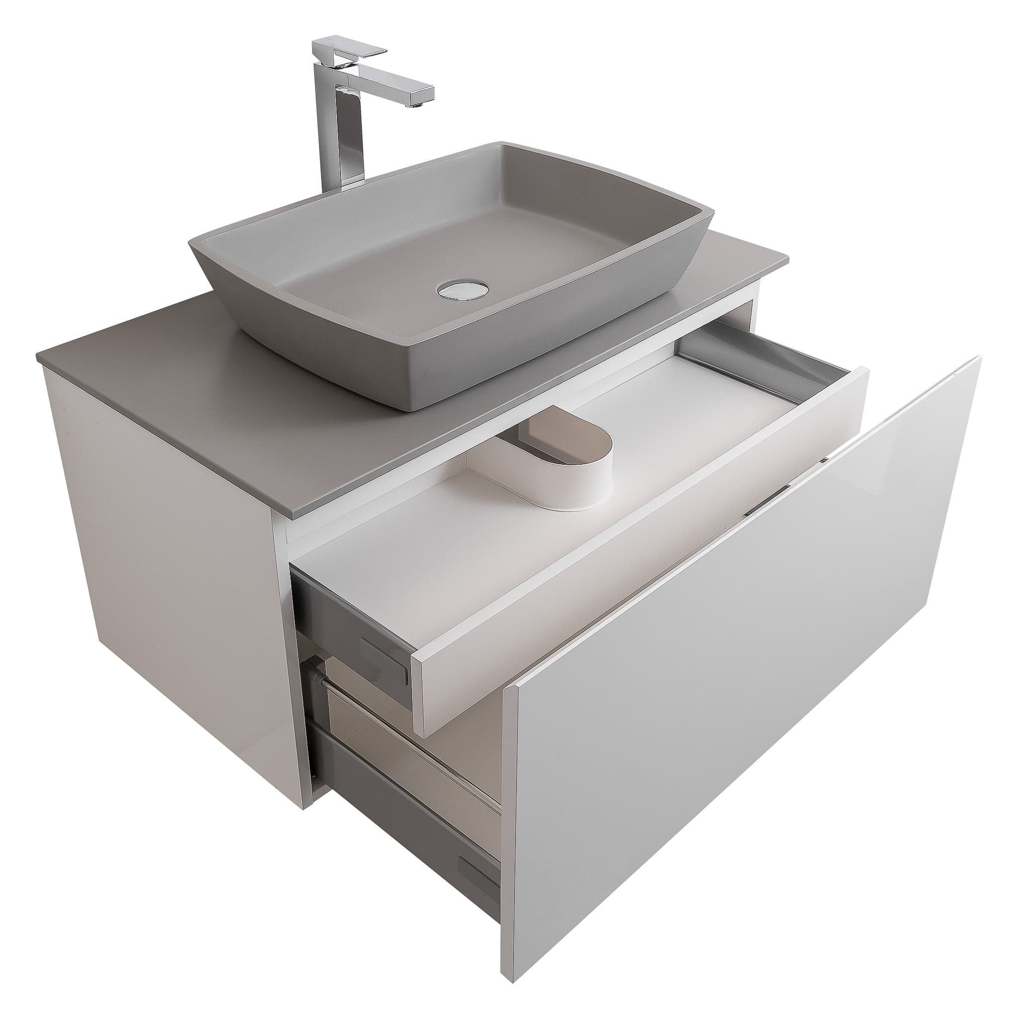 Venice 31.5 White High Gloss Cabinet, Solid Surface Flat Grey Counter And Square Solid Surface Grey Basin 1316, Wall Mounted Modern Vanity Set