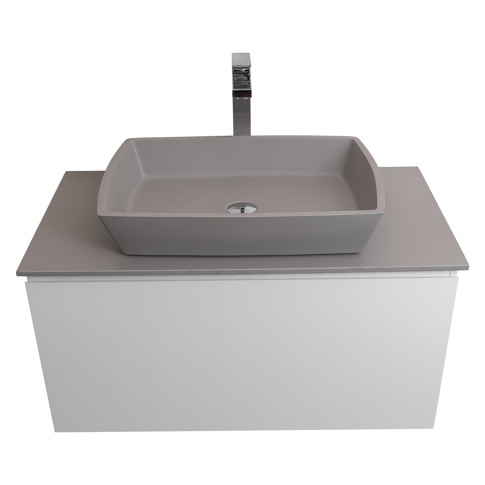 Venice 31.5 White High Gloss Cabinet, Solid Surface Flat Grey Counter And Square Solid Surface Grey Basin 1316, Wall Mounted Modern Vanity Set