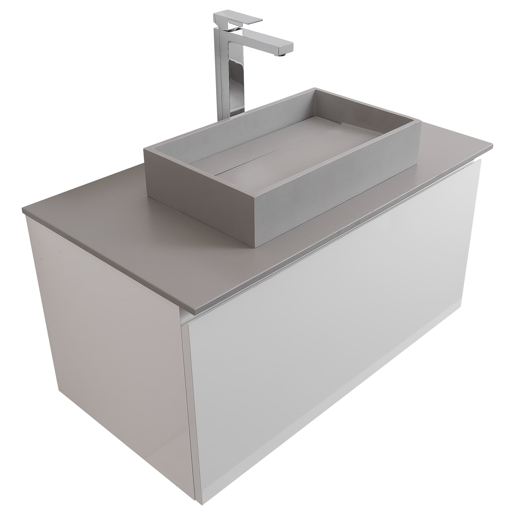 Venice 31.5 White High Gloss Cabinet, Solid Surface Flat Grey Counter And Infinity Square Solid Surface Grey Basin 1329, Wall Mounted Modern Vanity Set